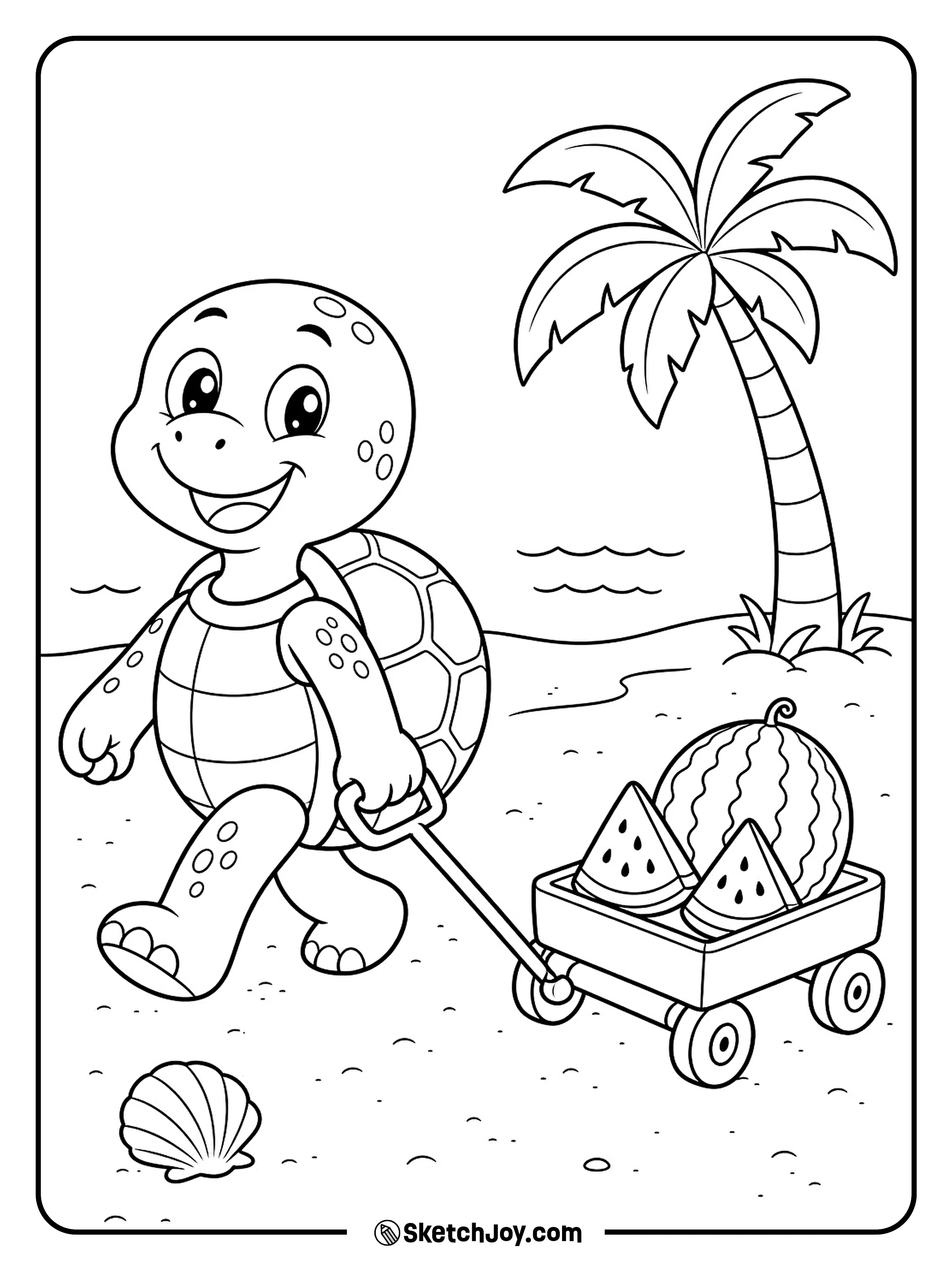 A small turtle pulls a wagon filled with watermelon across the beach.