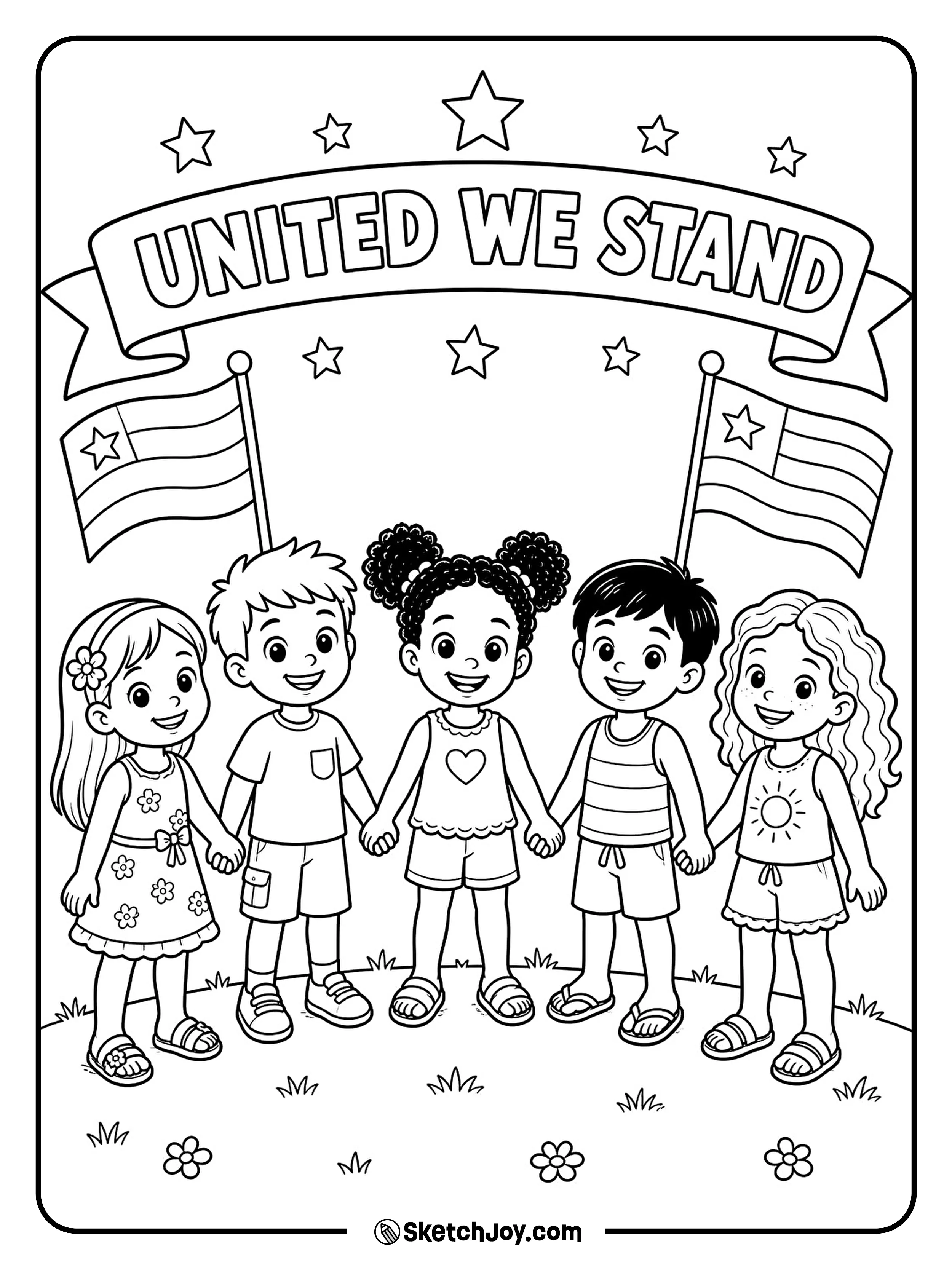 A group of friends joins hands beneath a strong message of unity.