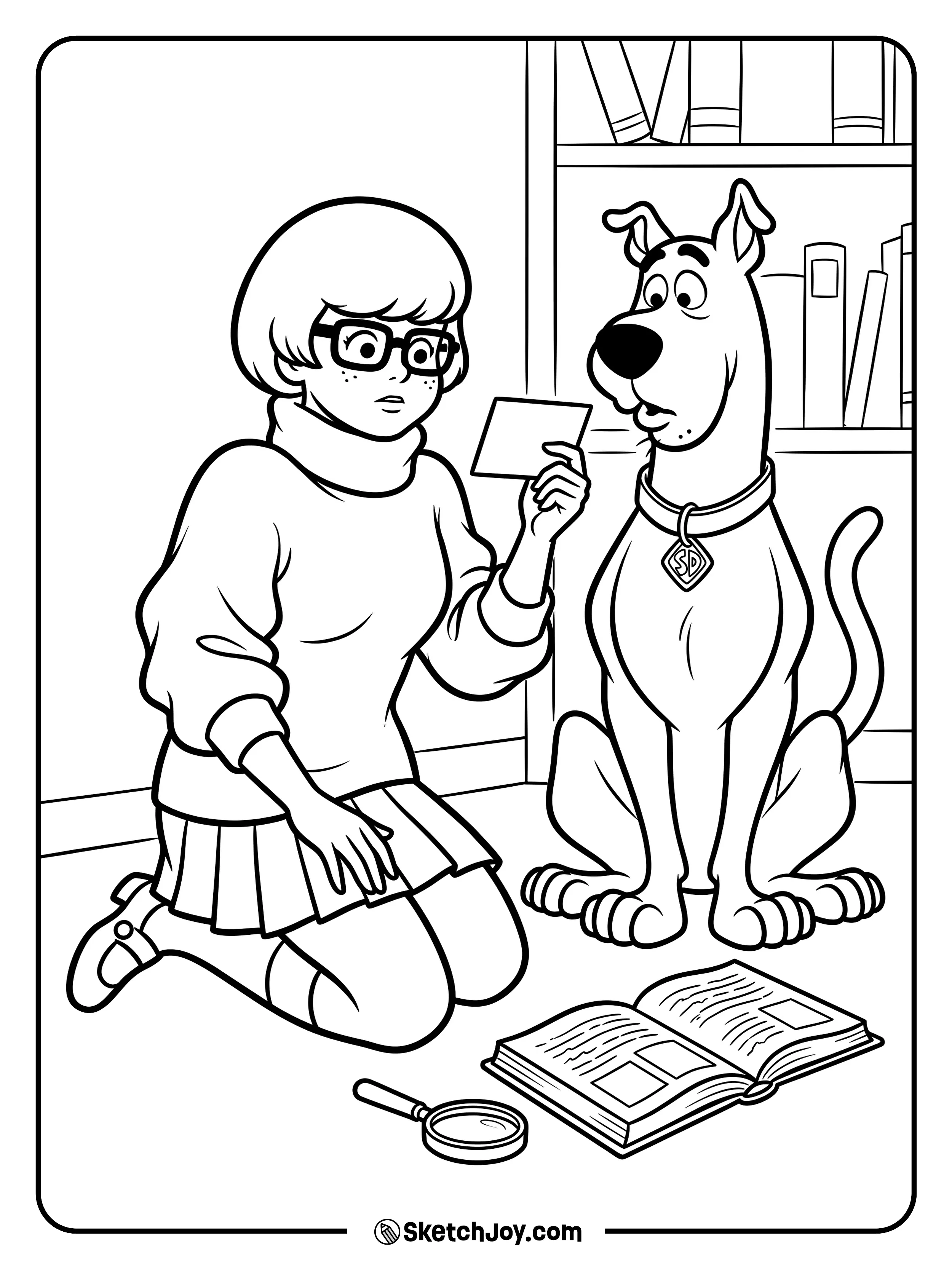 Velma holds a clue while Scooby-Doo watches with wide eyes.