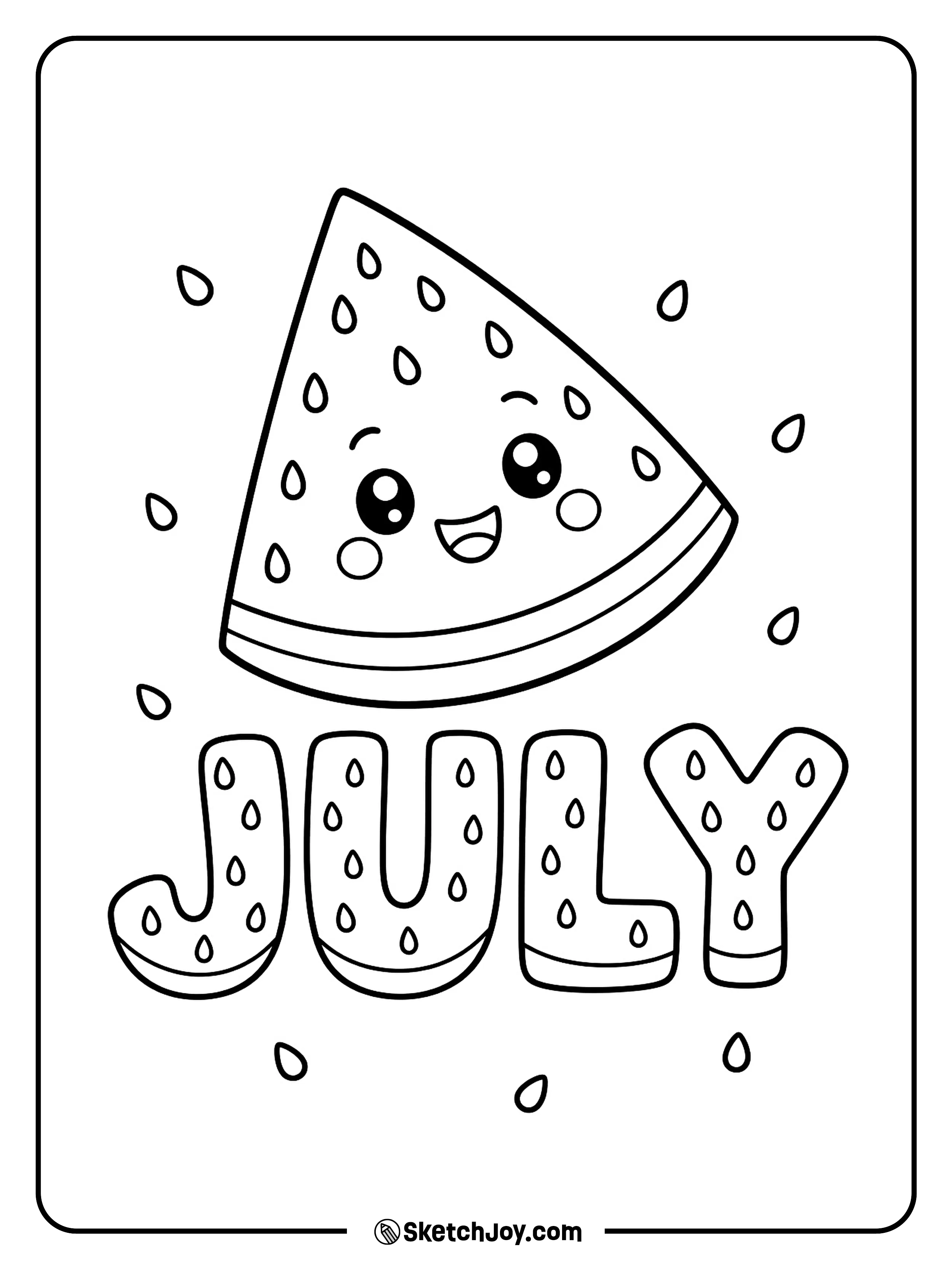A happy watermelon slice sits with juicy JULY letters.