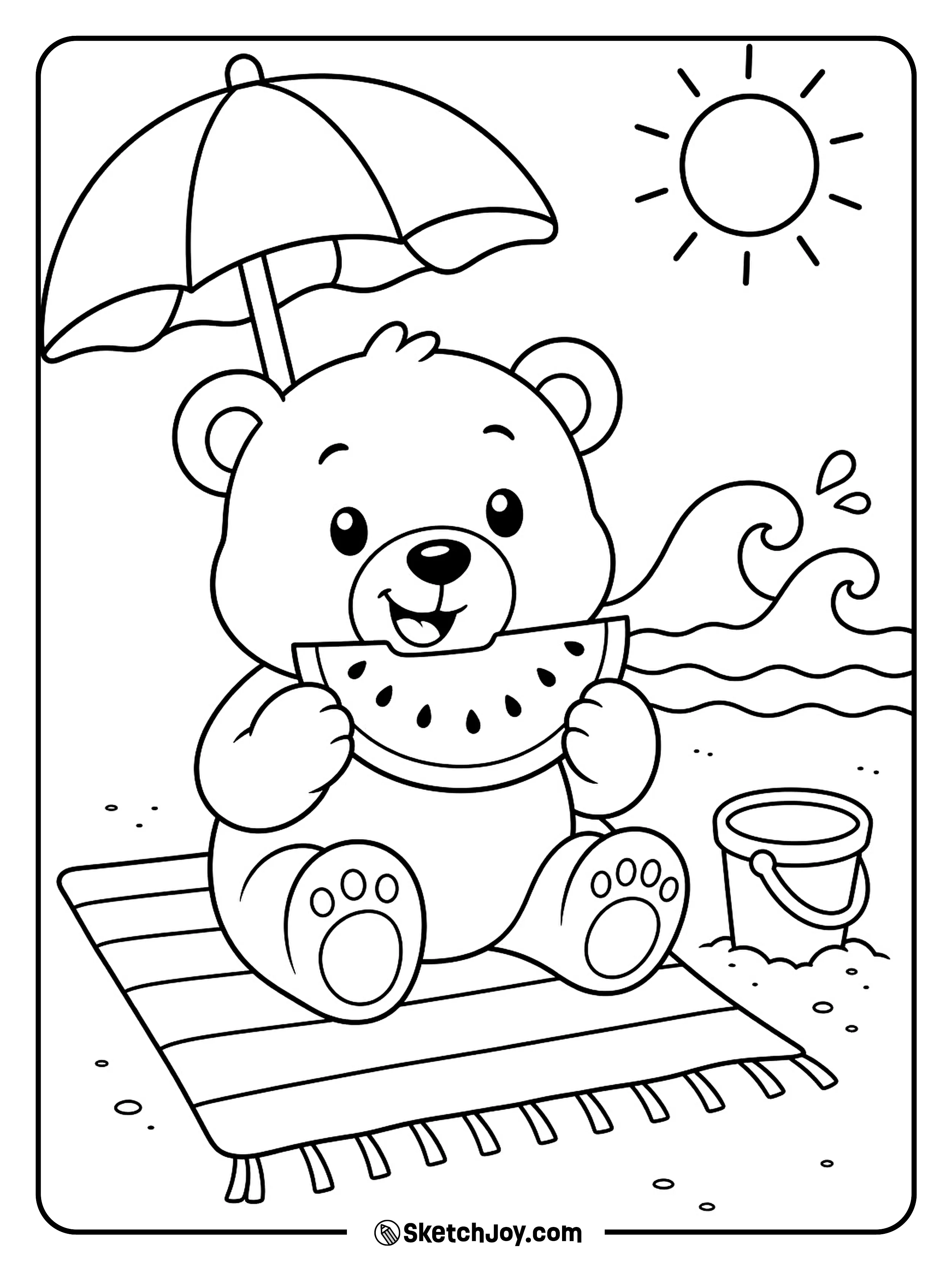 A little bear eats watermelon under a beach umbrella near the waves.