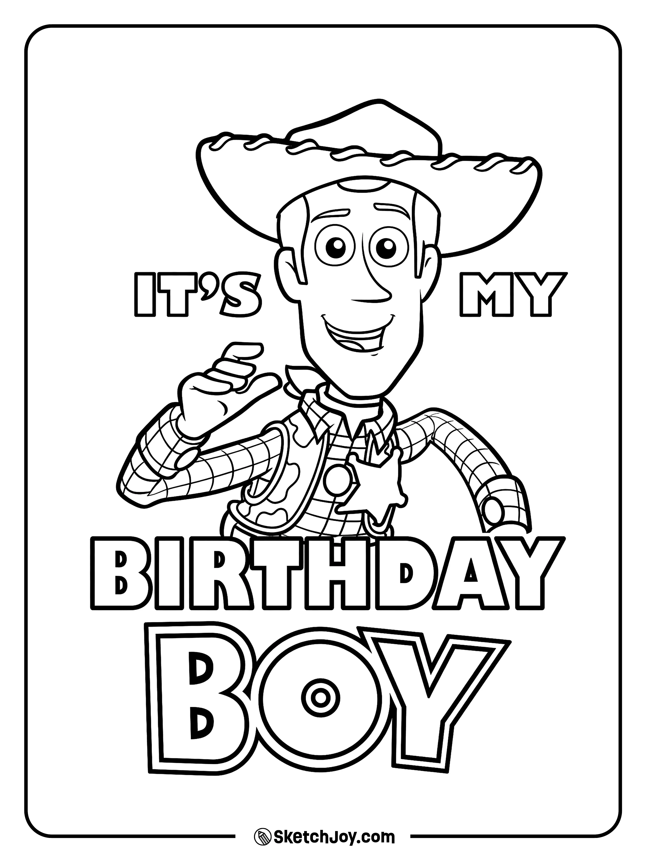 Woody tips his hat beside a fun birthday message.