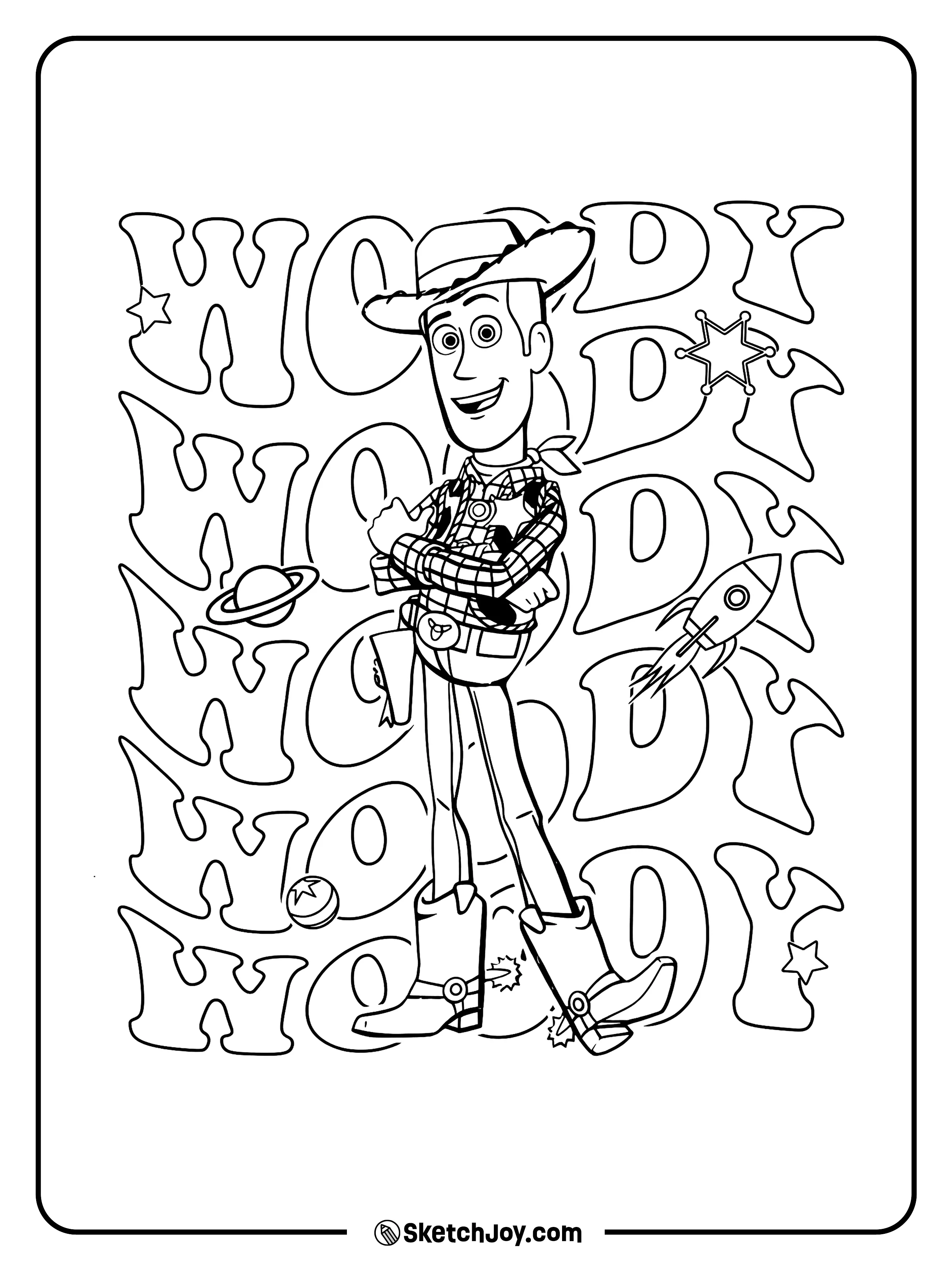 Woody poses with stars, planets, and a flying rocket.