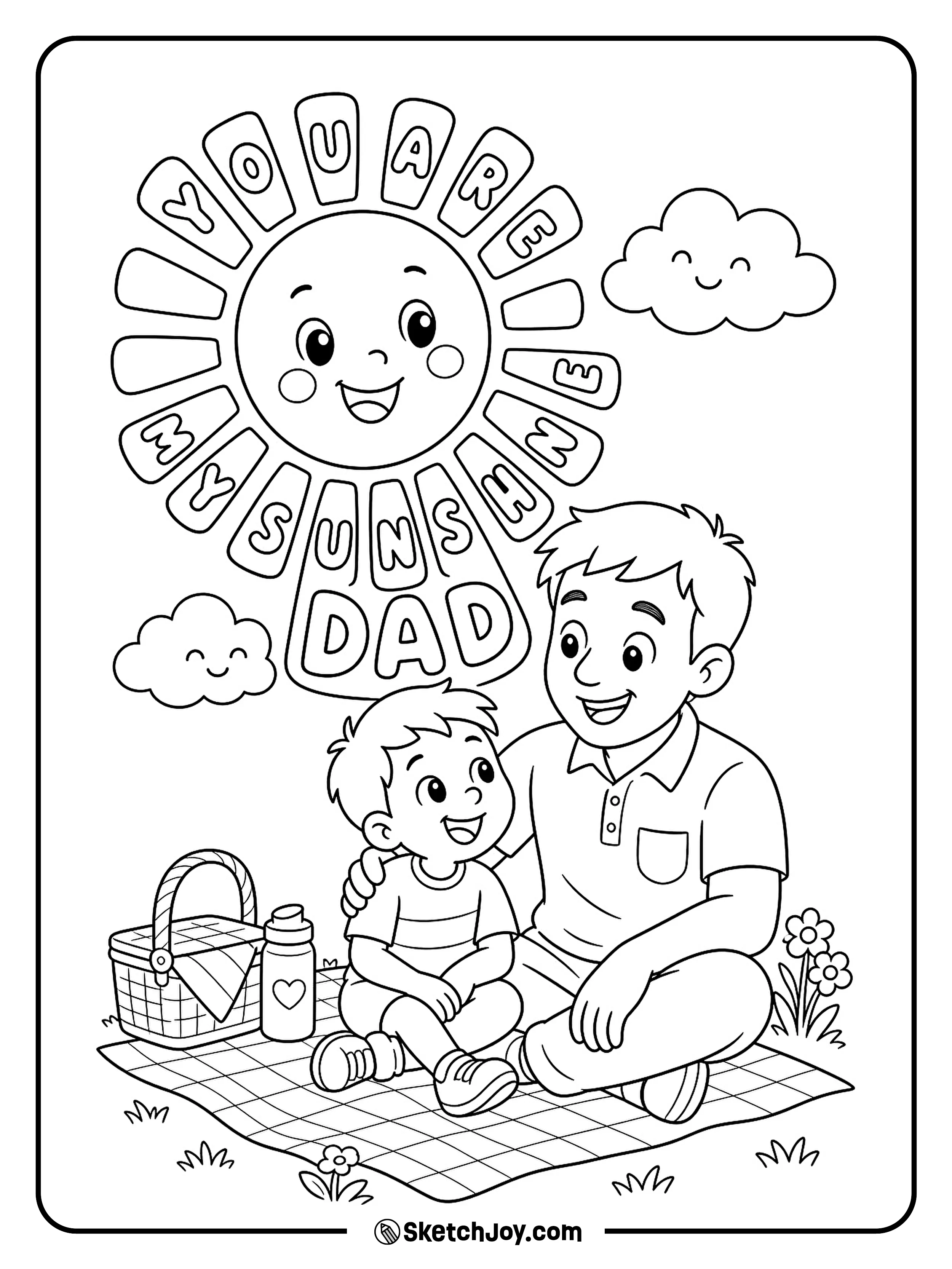 Dad and child smile under a bright sun with kind words.