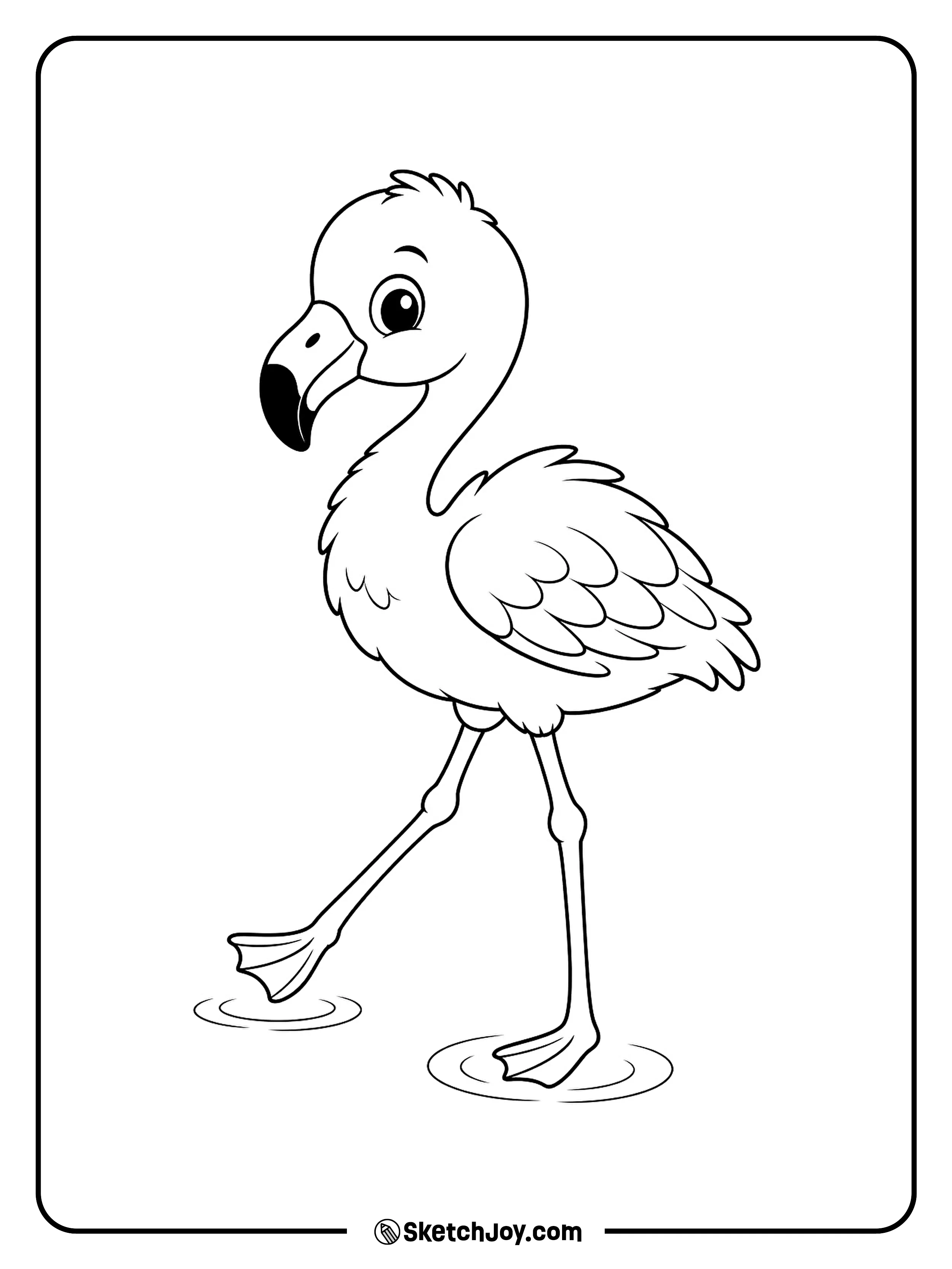 A young flamingo lifts one foot as it takes a careful step.