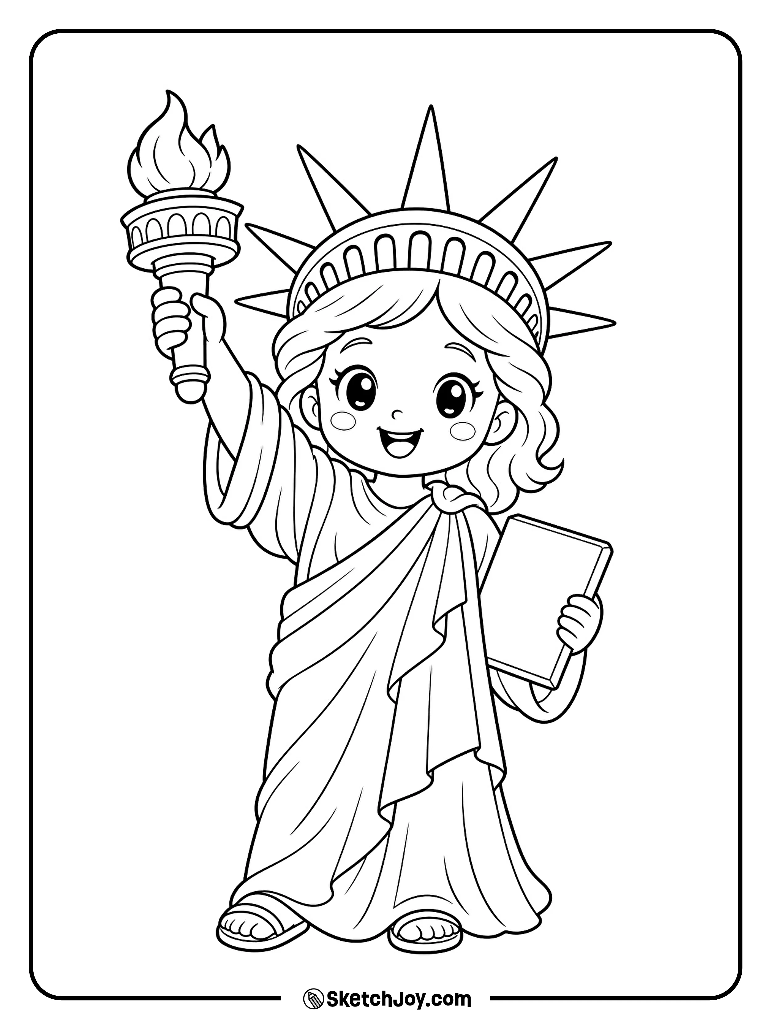A friendly young Liberty character holds a torch and tablet.