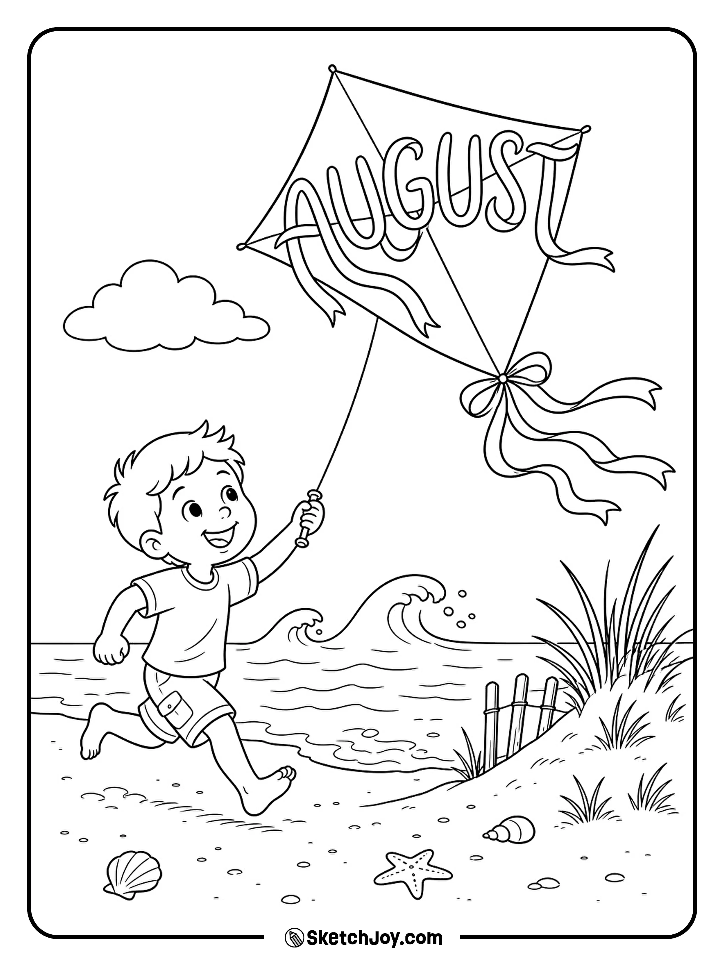 A child runs by the shore with a bright kite overhead.