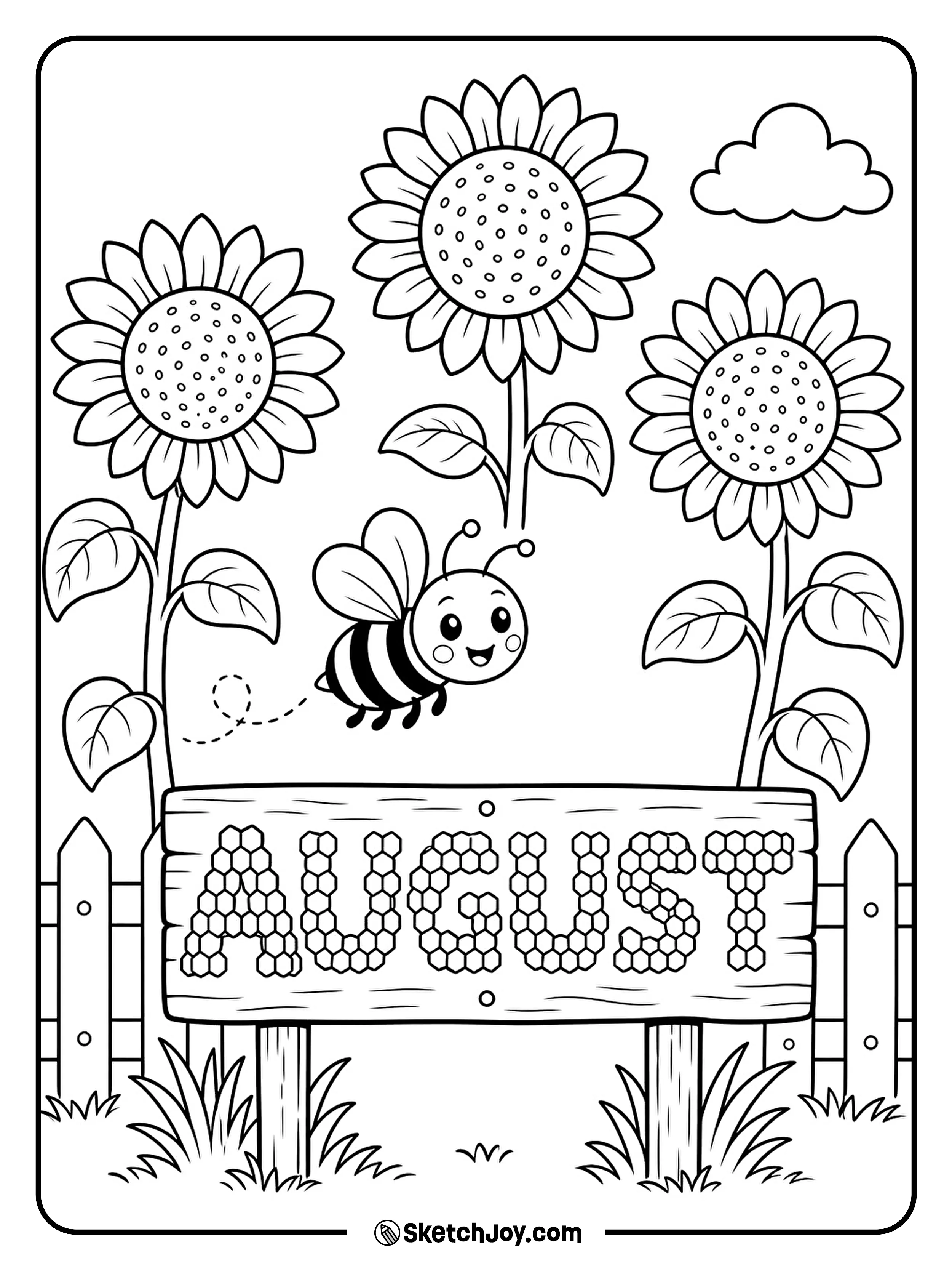 A happy bee visits three tall sunflowers.