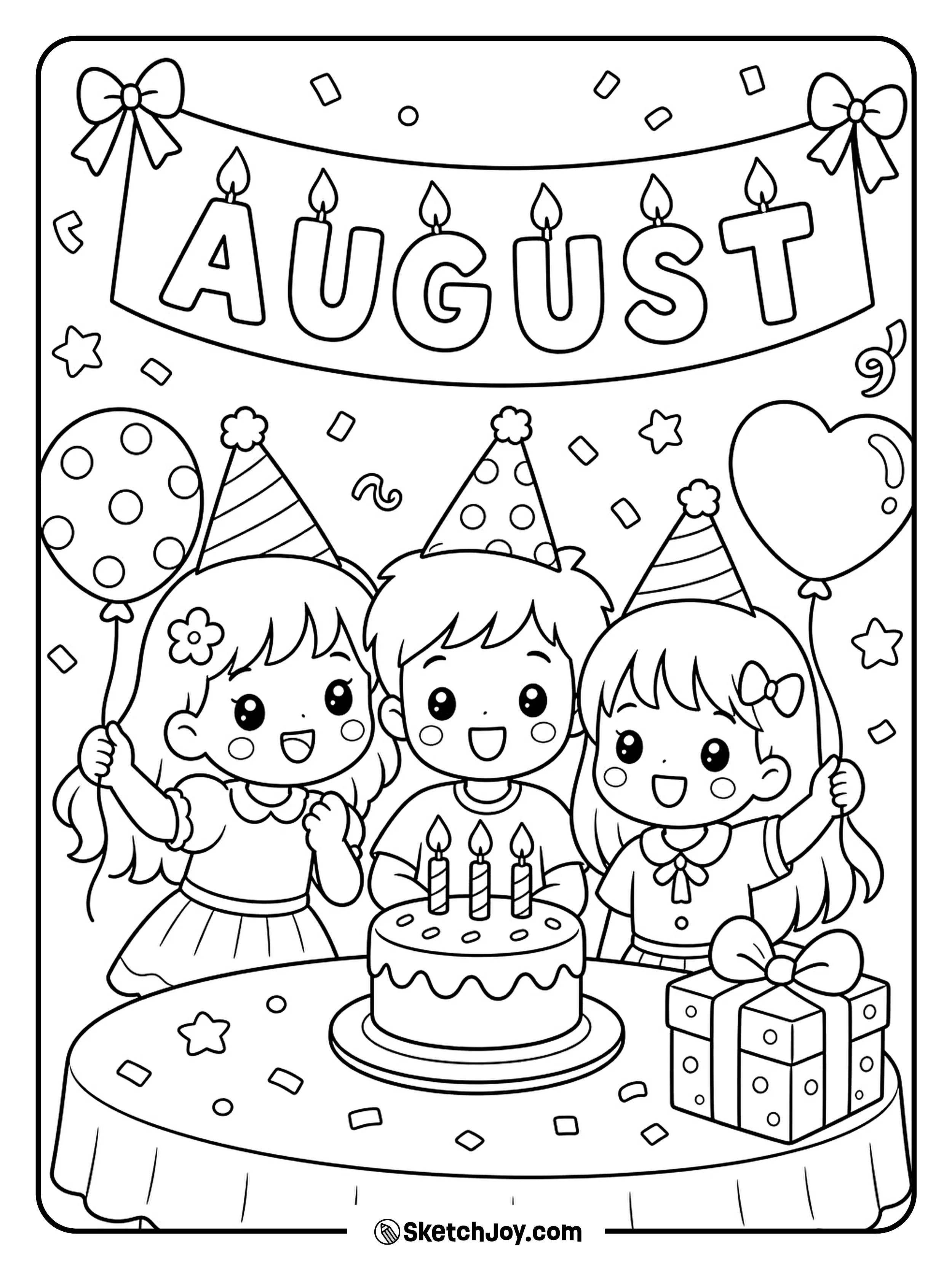 Friends celebrate with cake, balloons, and party hats.