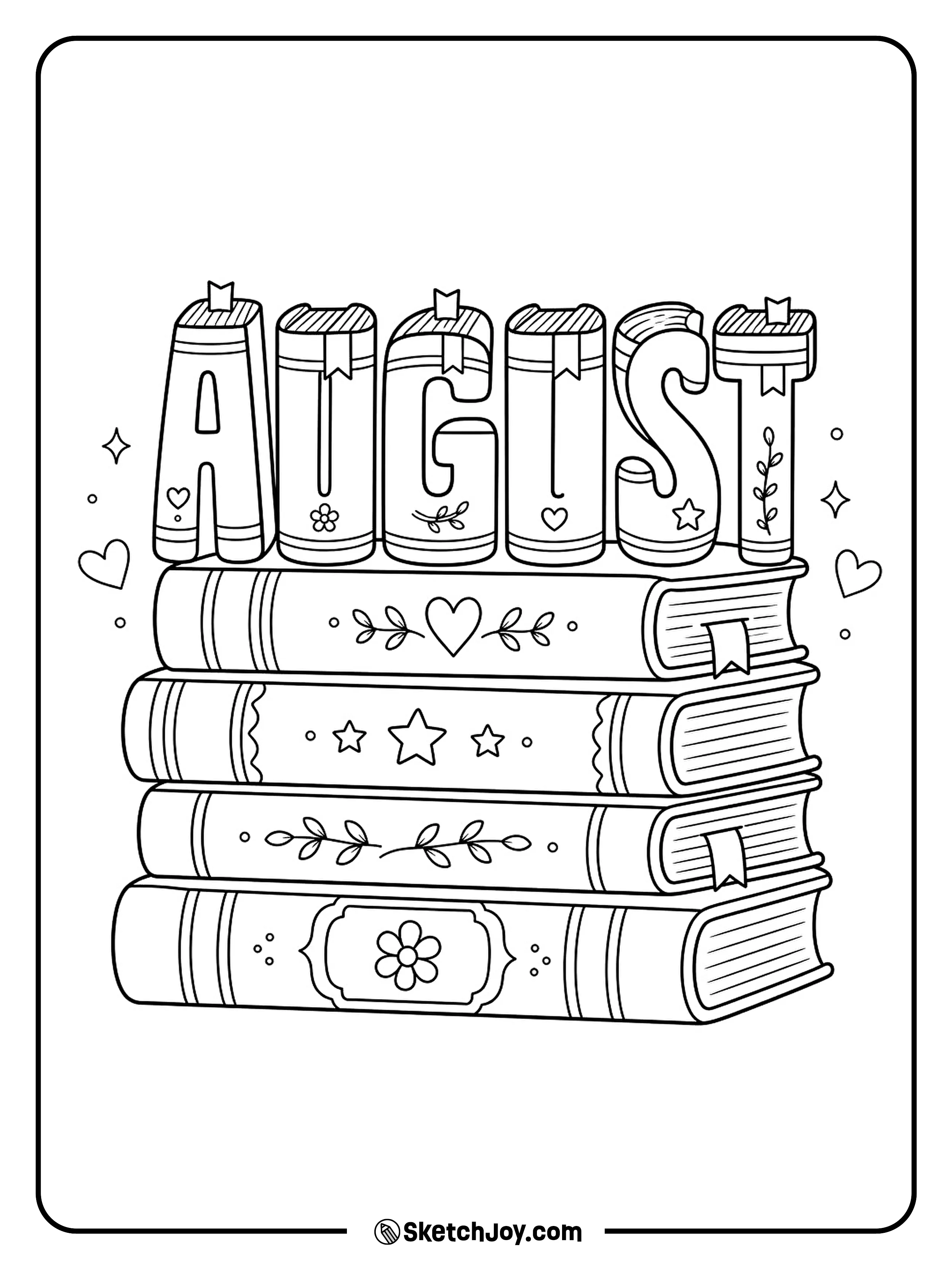 A stack of books supports spine-style August letters.