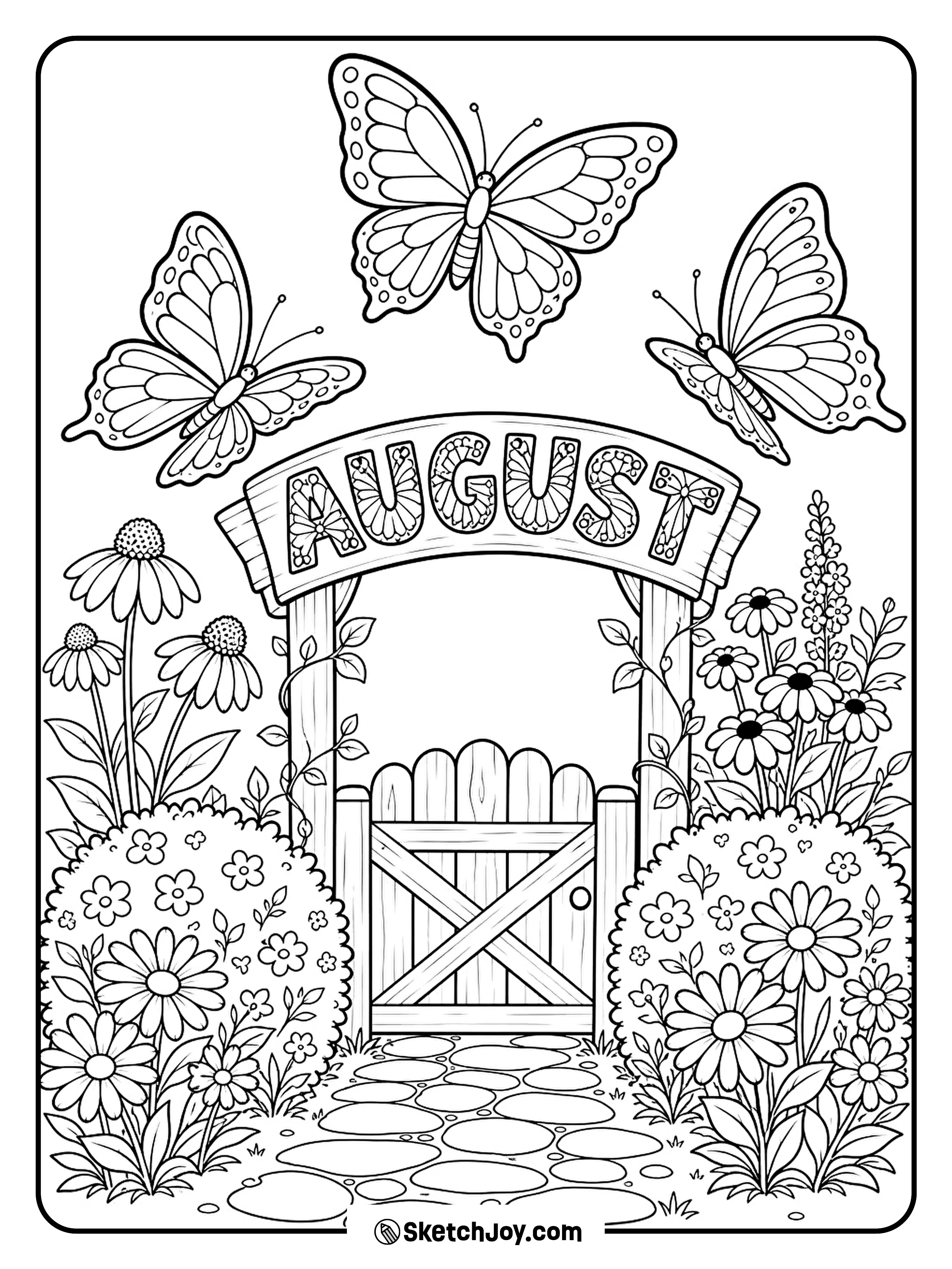 Butterflies fly over flowers beside a small garden gate.