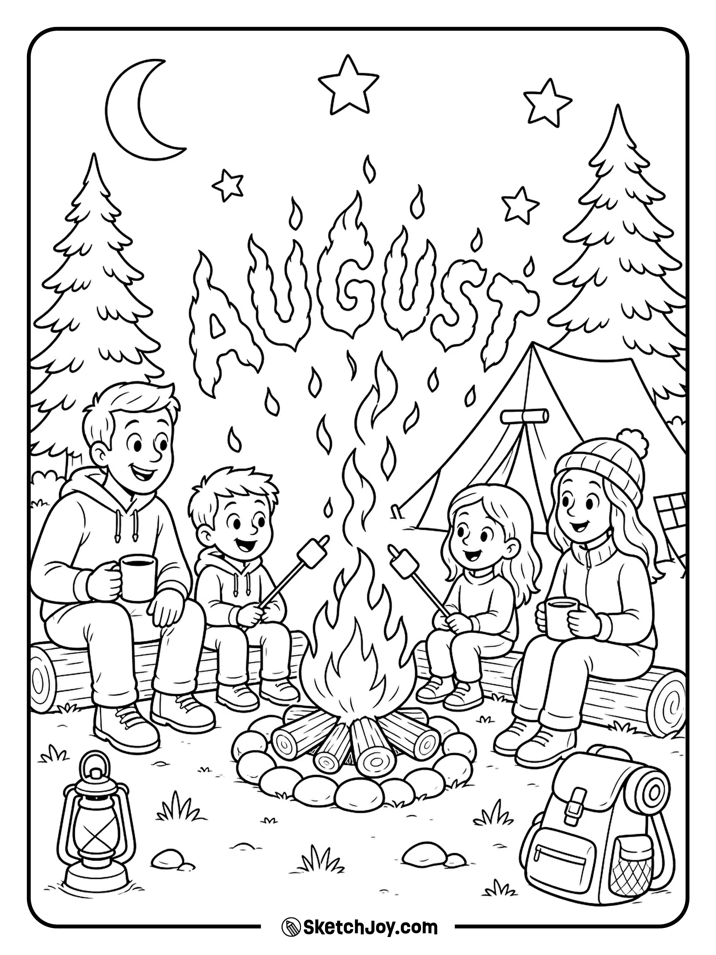 A family warms up beside a small campfire and tent.