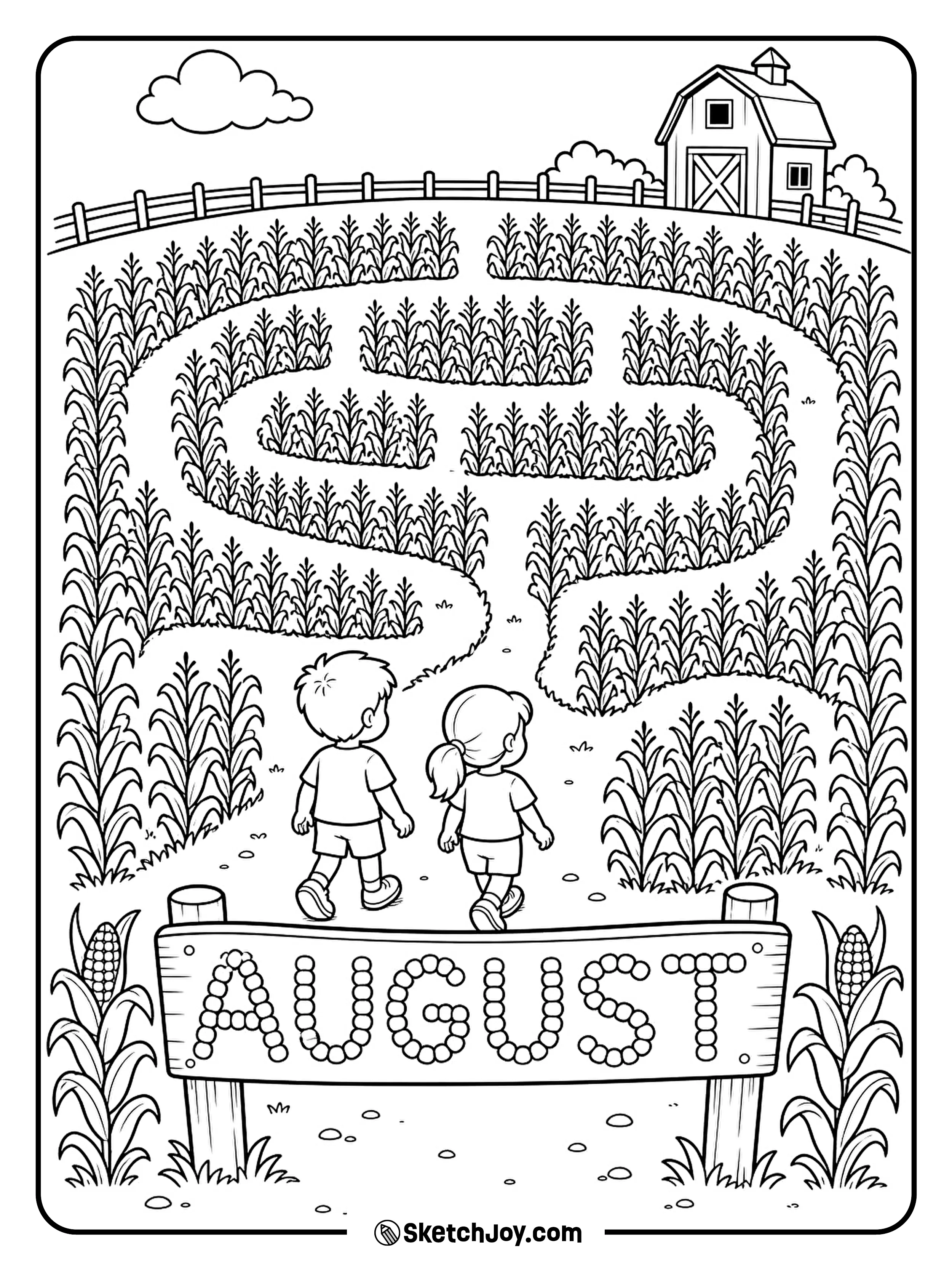 Two children follow a path through tall corn plants.