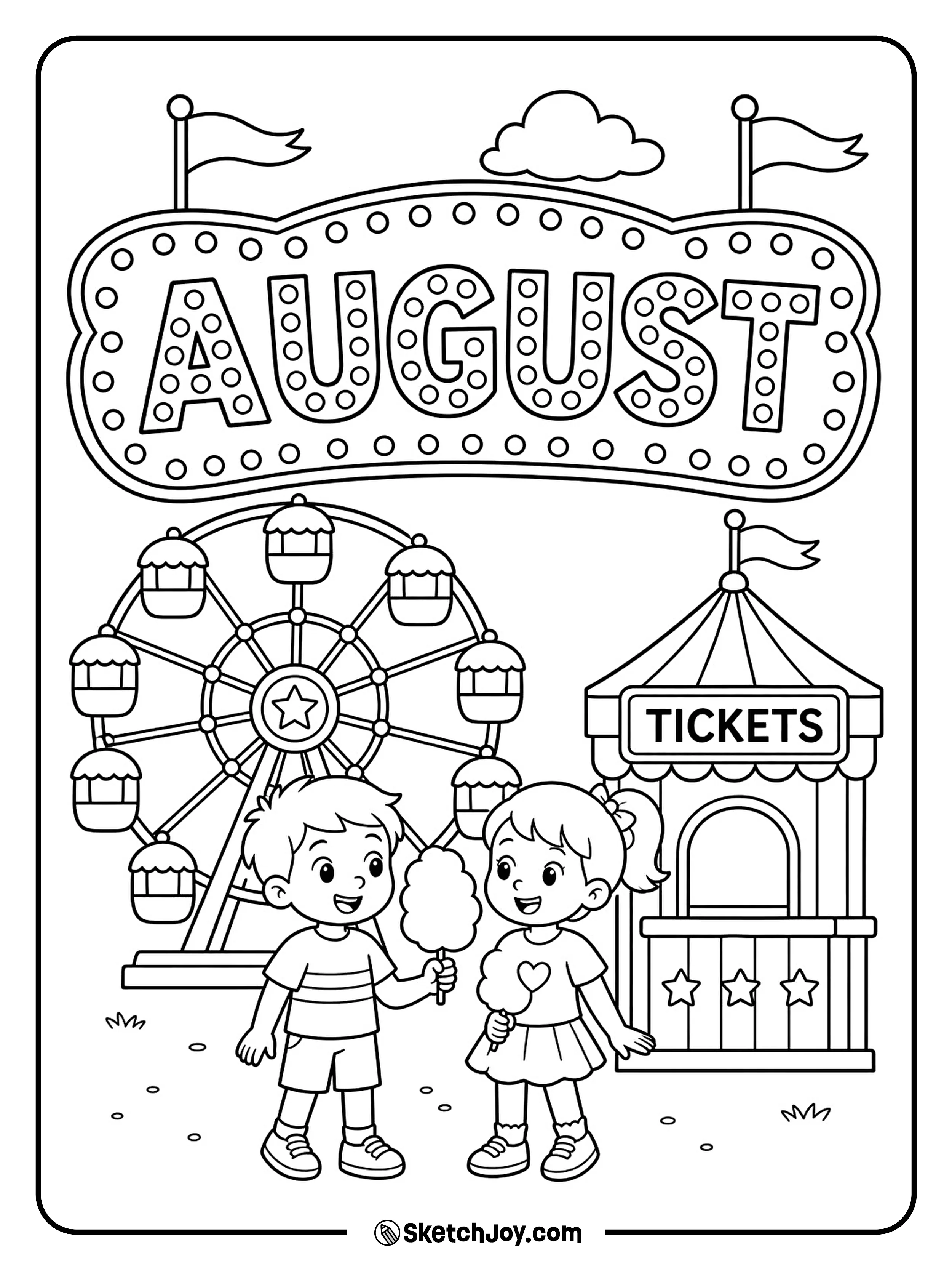 A Ferris wheel turns behind a small fair booth.