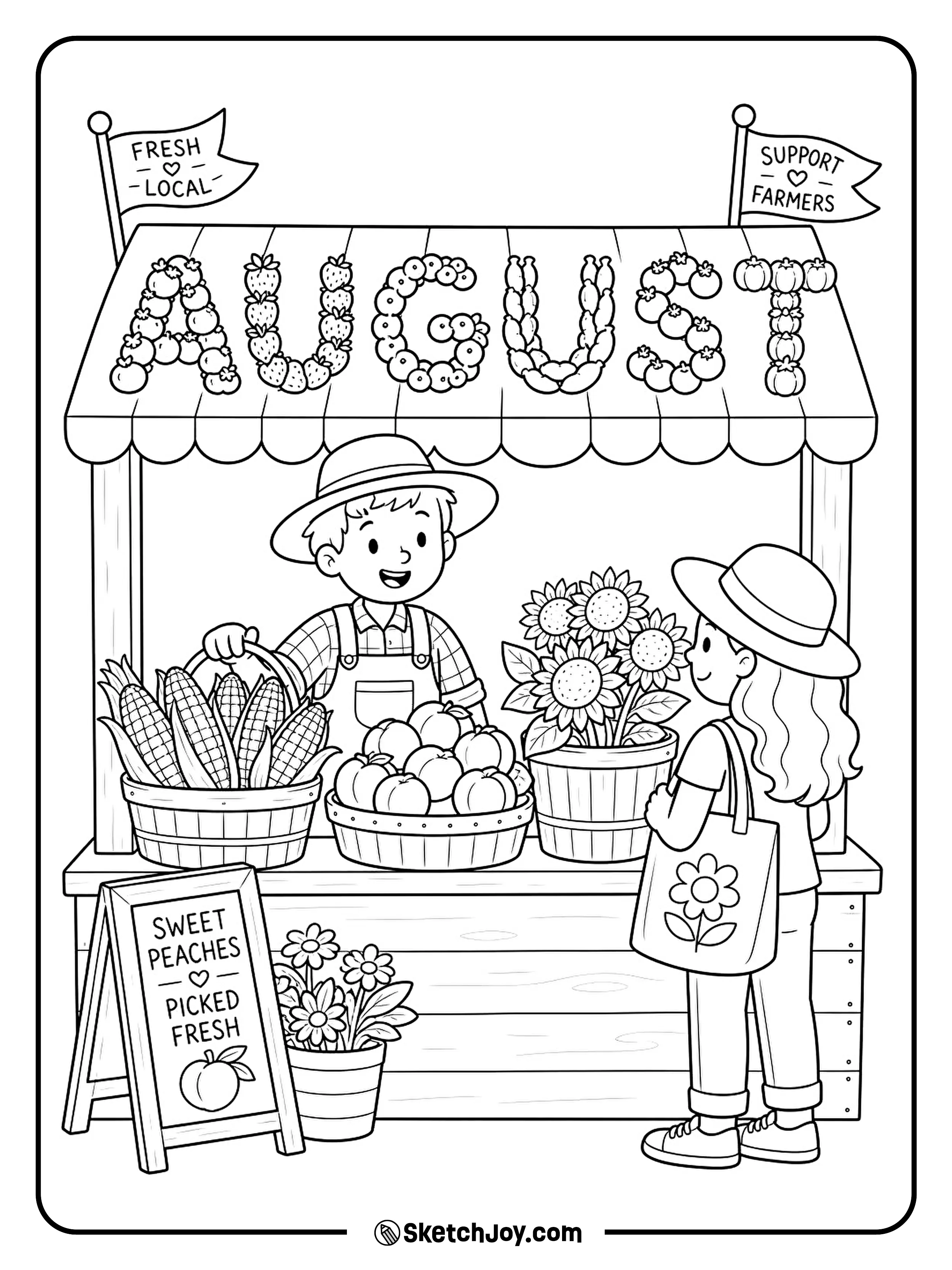 A market stall displays corn, peaches, and sunflowers.