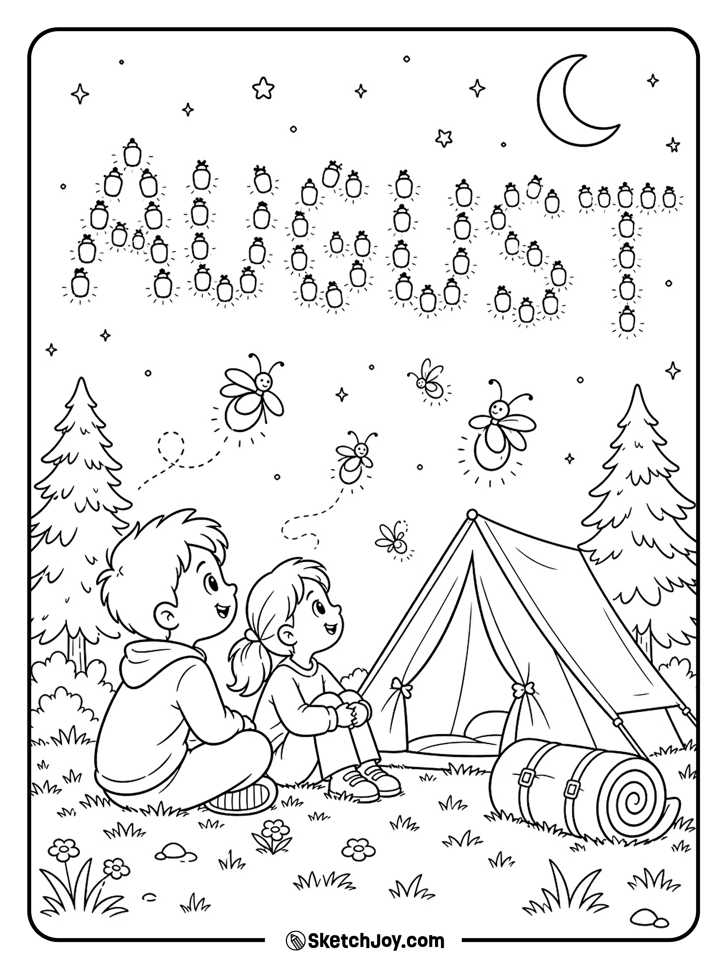 Two children watch fireflies beside a tent at night.