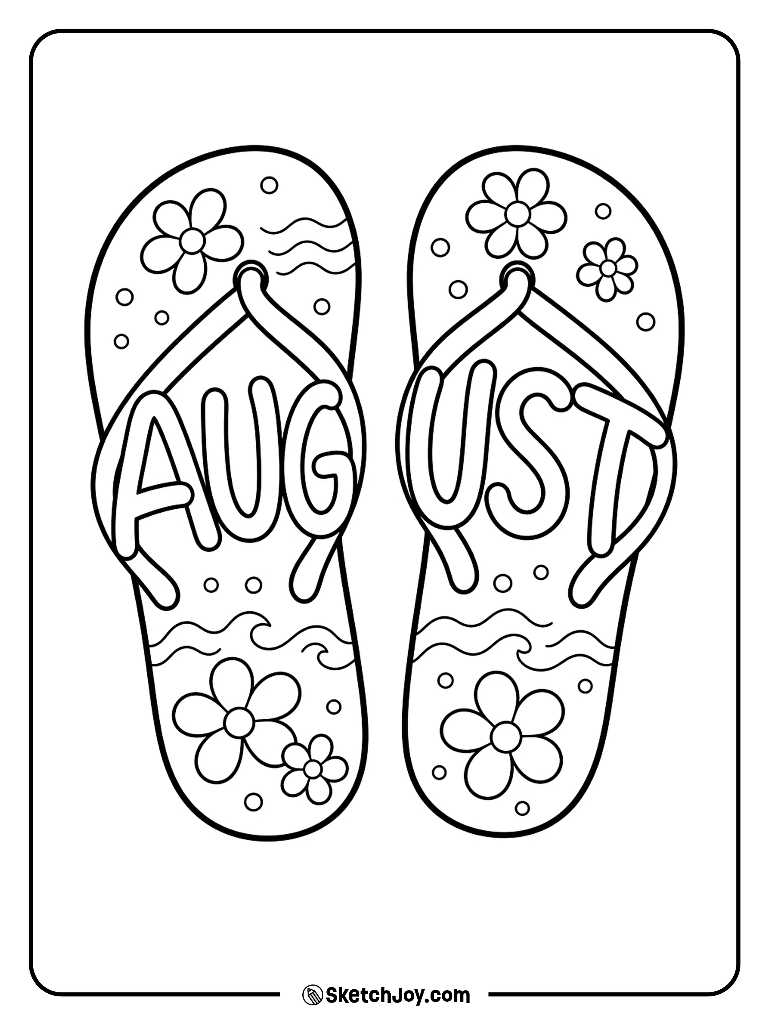 Two summer sandals rest below strap-shaped August letters.