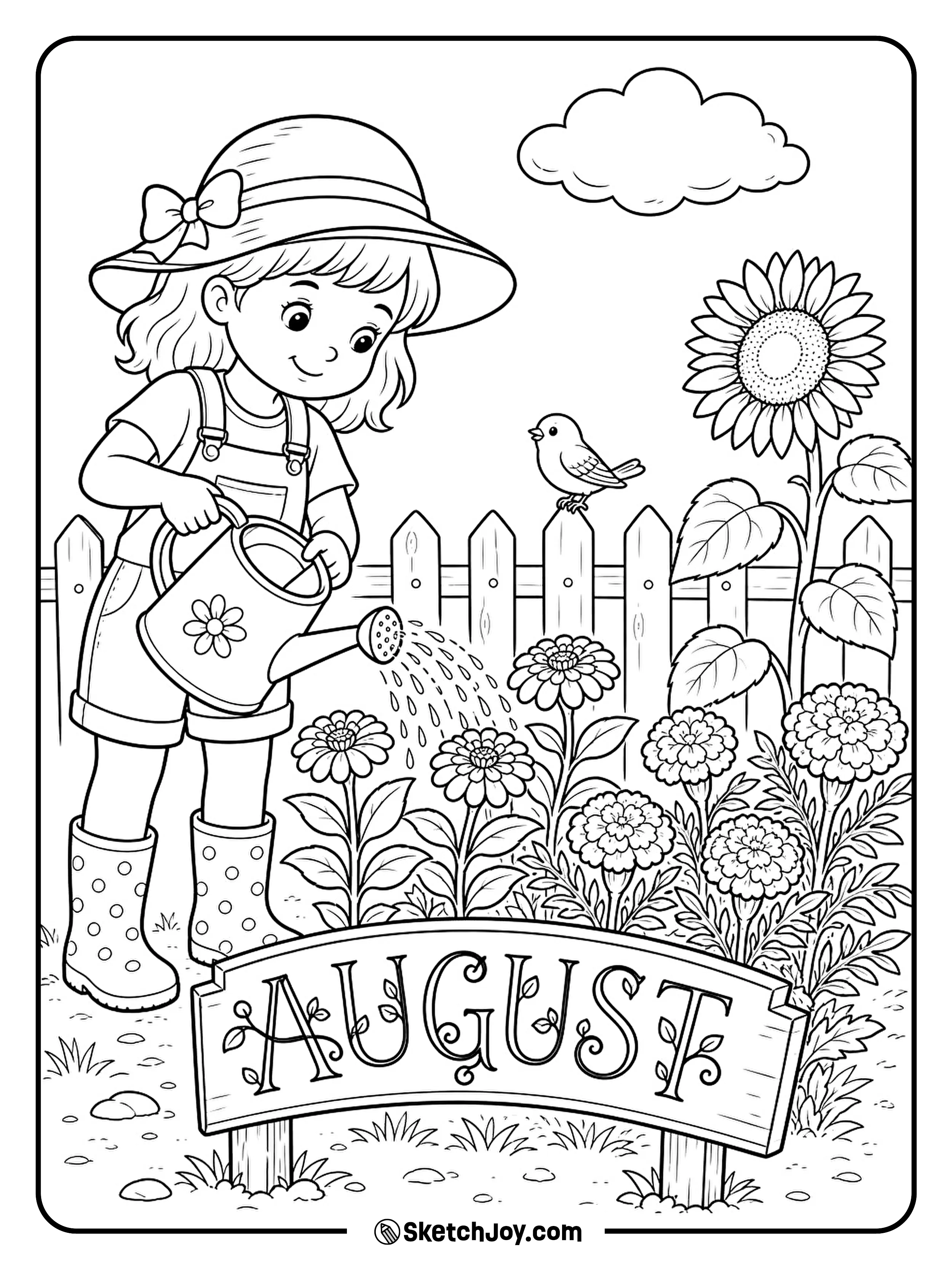 A child waters flowers while a small bird watches.