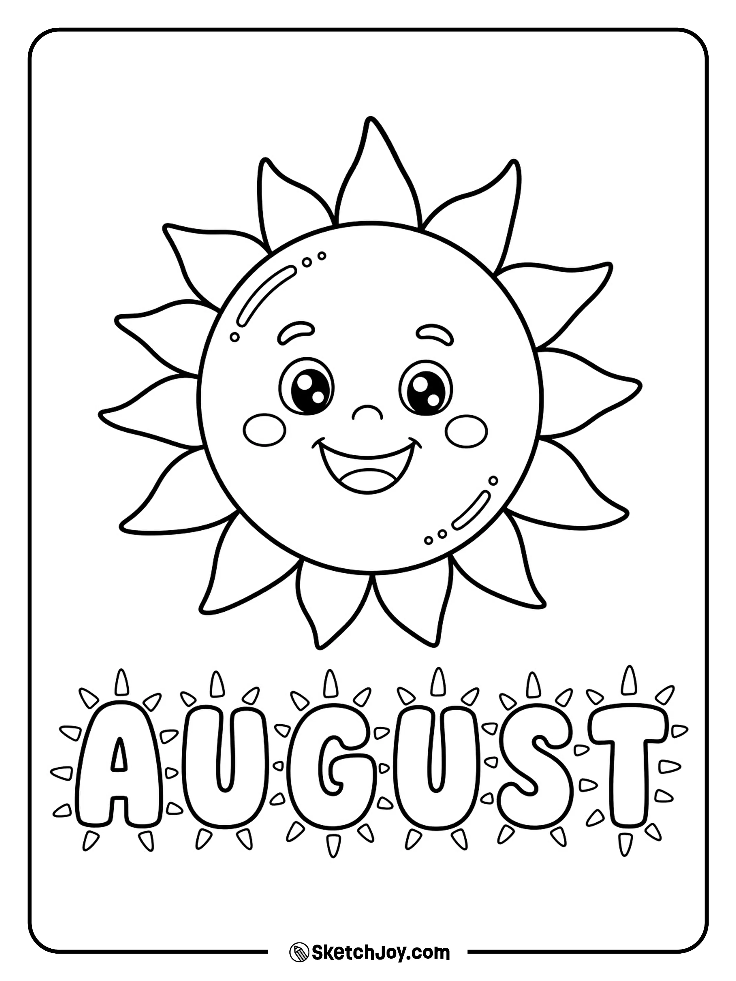 A smiling sun glows behind ray-shaped August letters.
