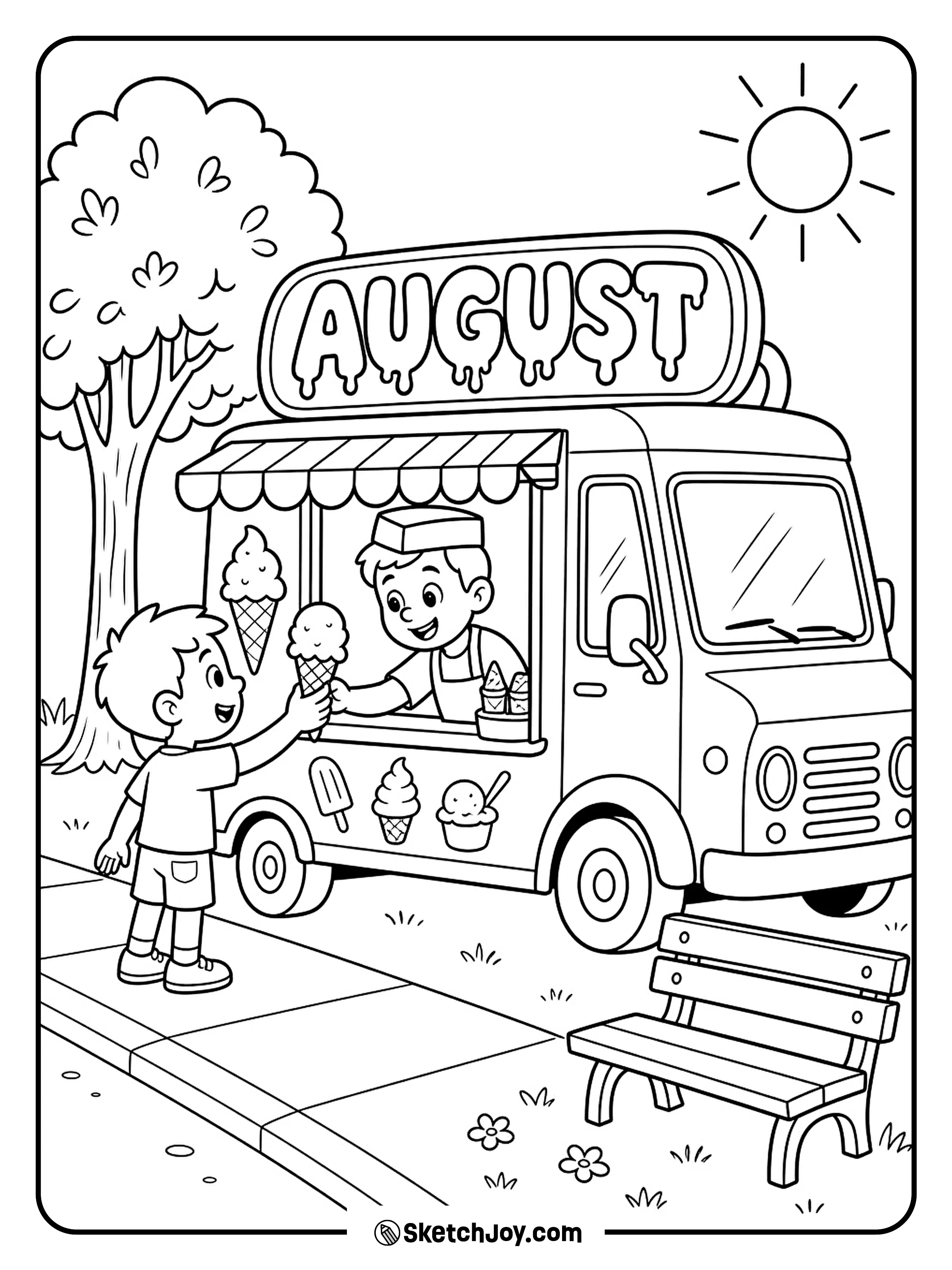 A cheerful truck serves cones on a warm summer day.