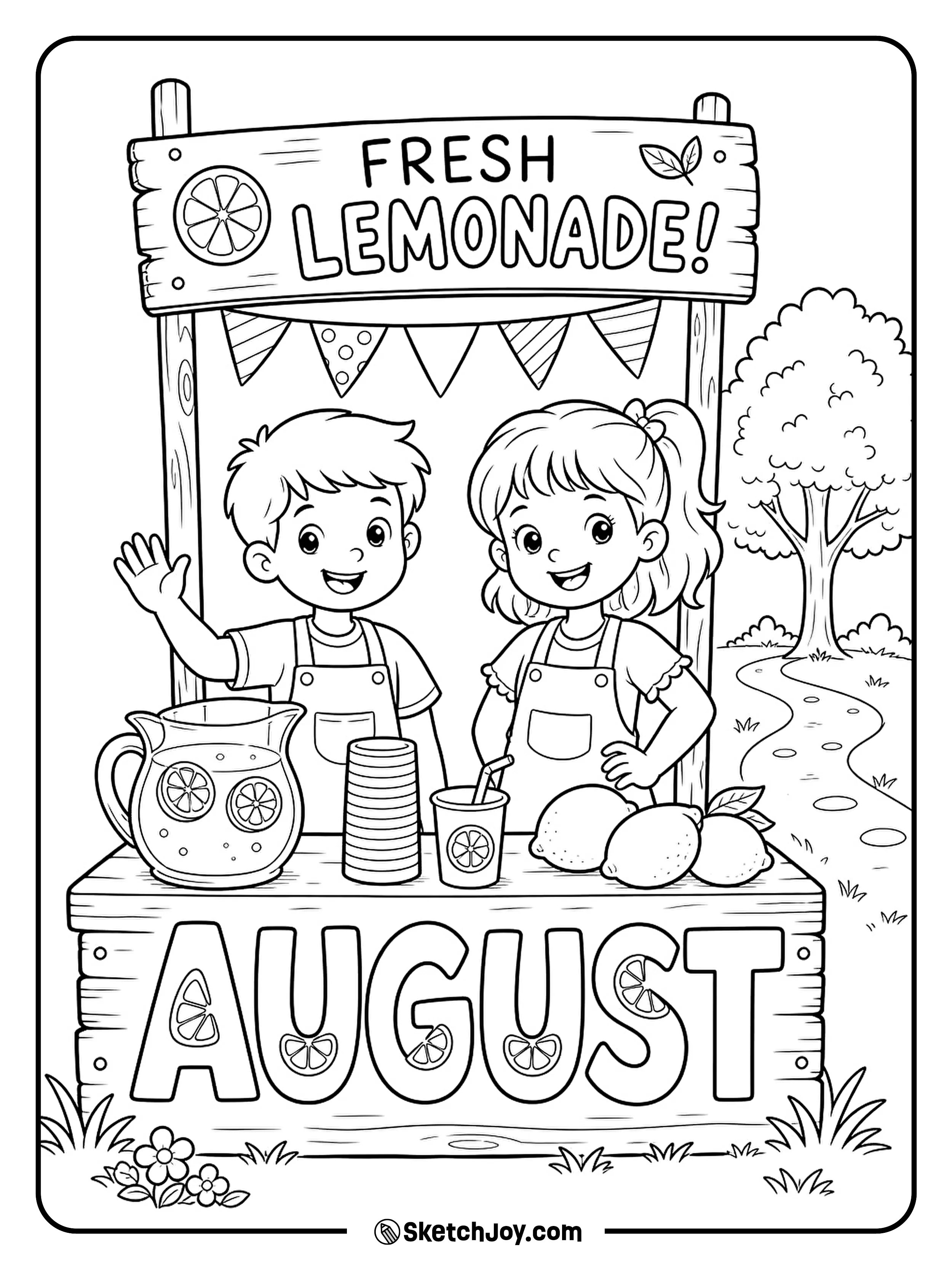 Two friends serve cool drinks at a small lemonade stand.
