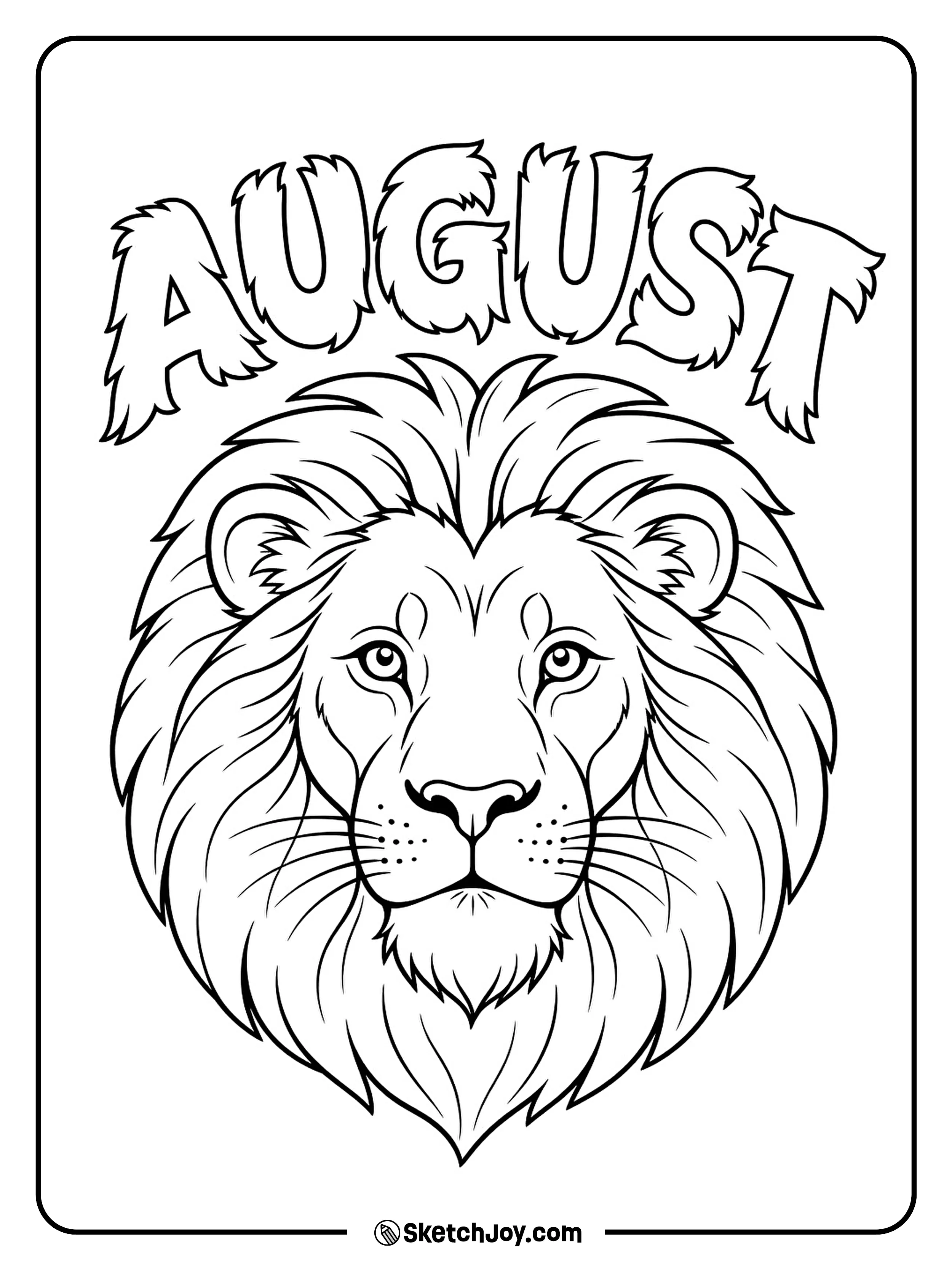 A proud lion rests beneath mane-shaped August letters.