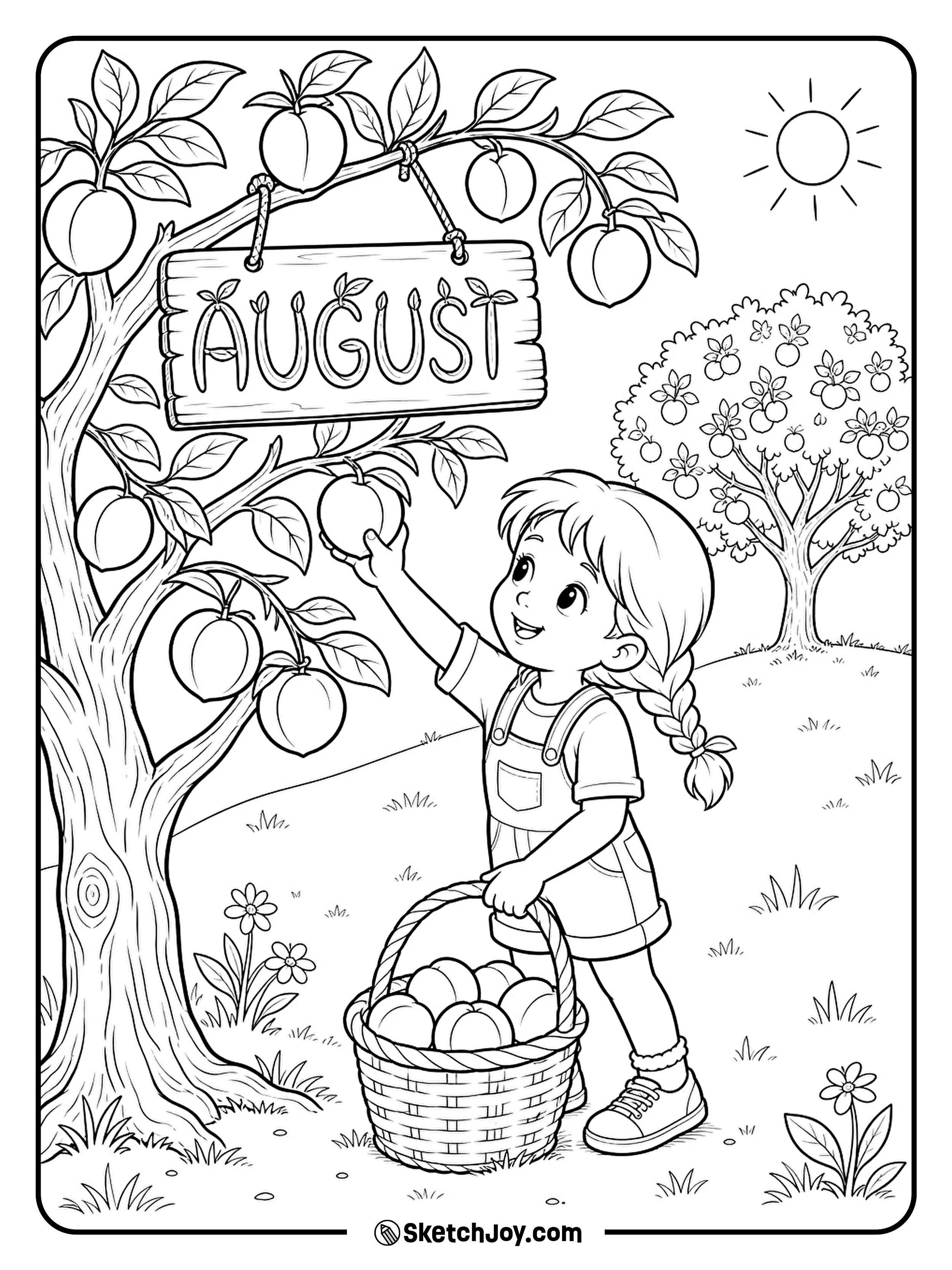 A child fills a basket with ripe peaches in an orchard.
