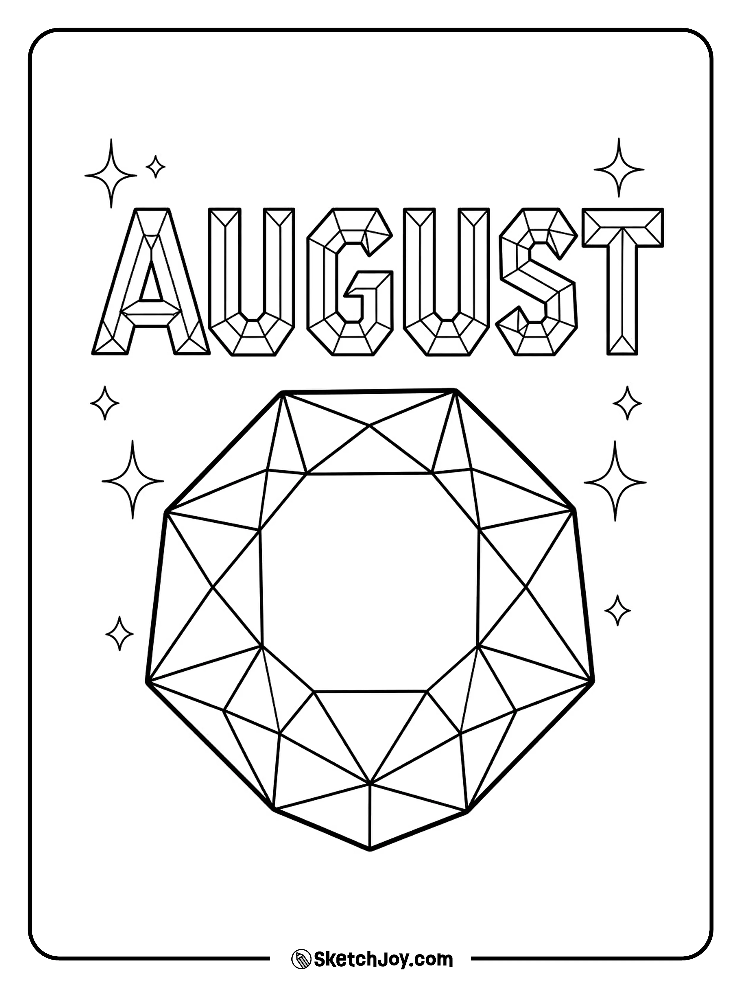 A bright gem shape shines below faceted August letters.