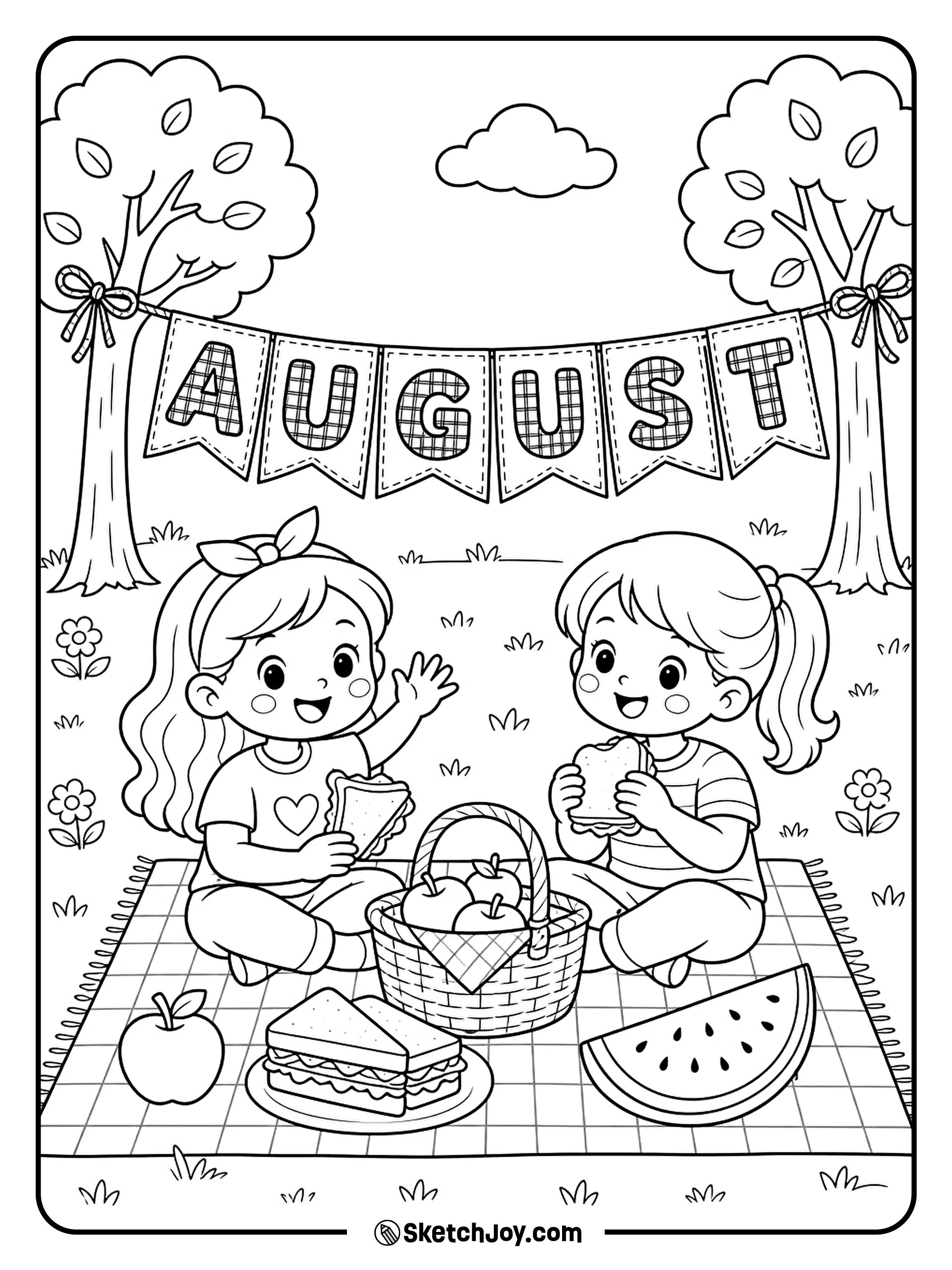 Two friends share fruit and sandwiches on a picnic blanket.