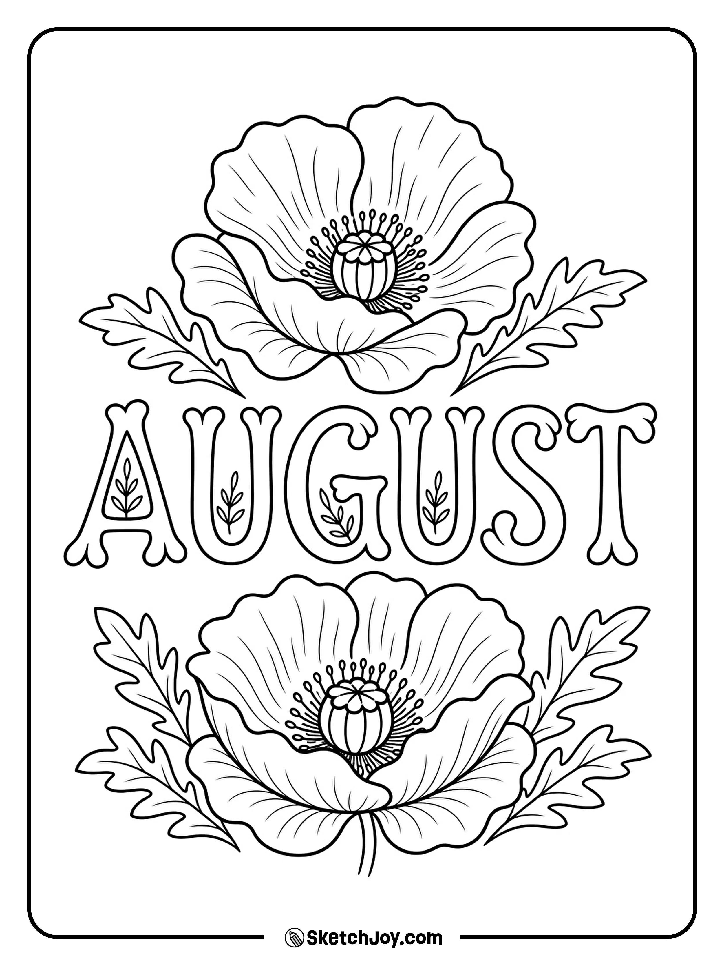 Two poppies frame soft, curved August lettering.