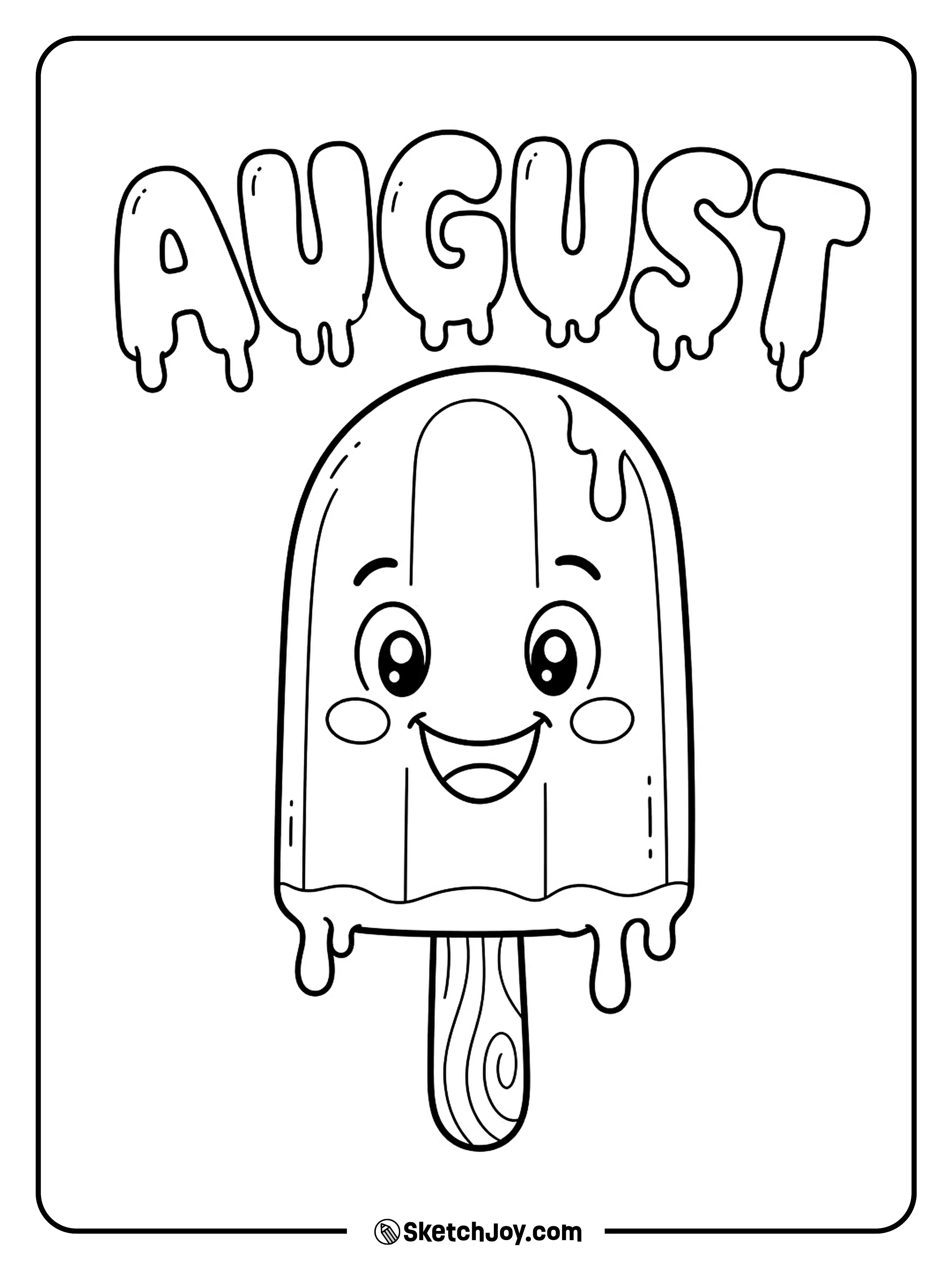A smiling popsicle stands below drippy August letters.