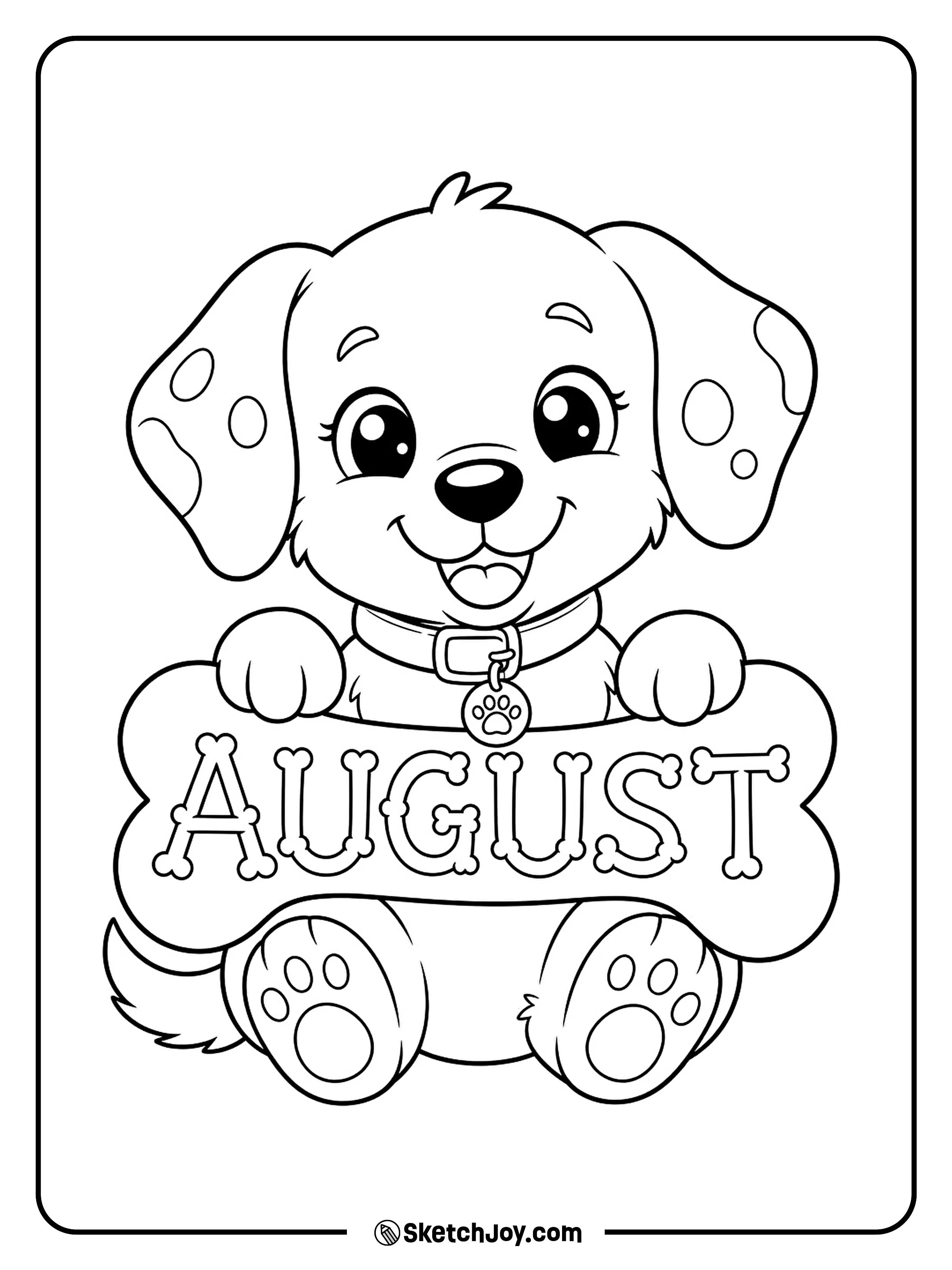 A playful puppy holds a bone marked August.
