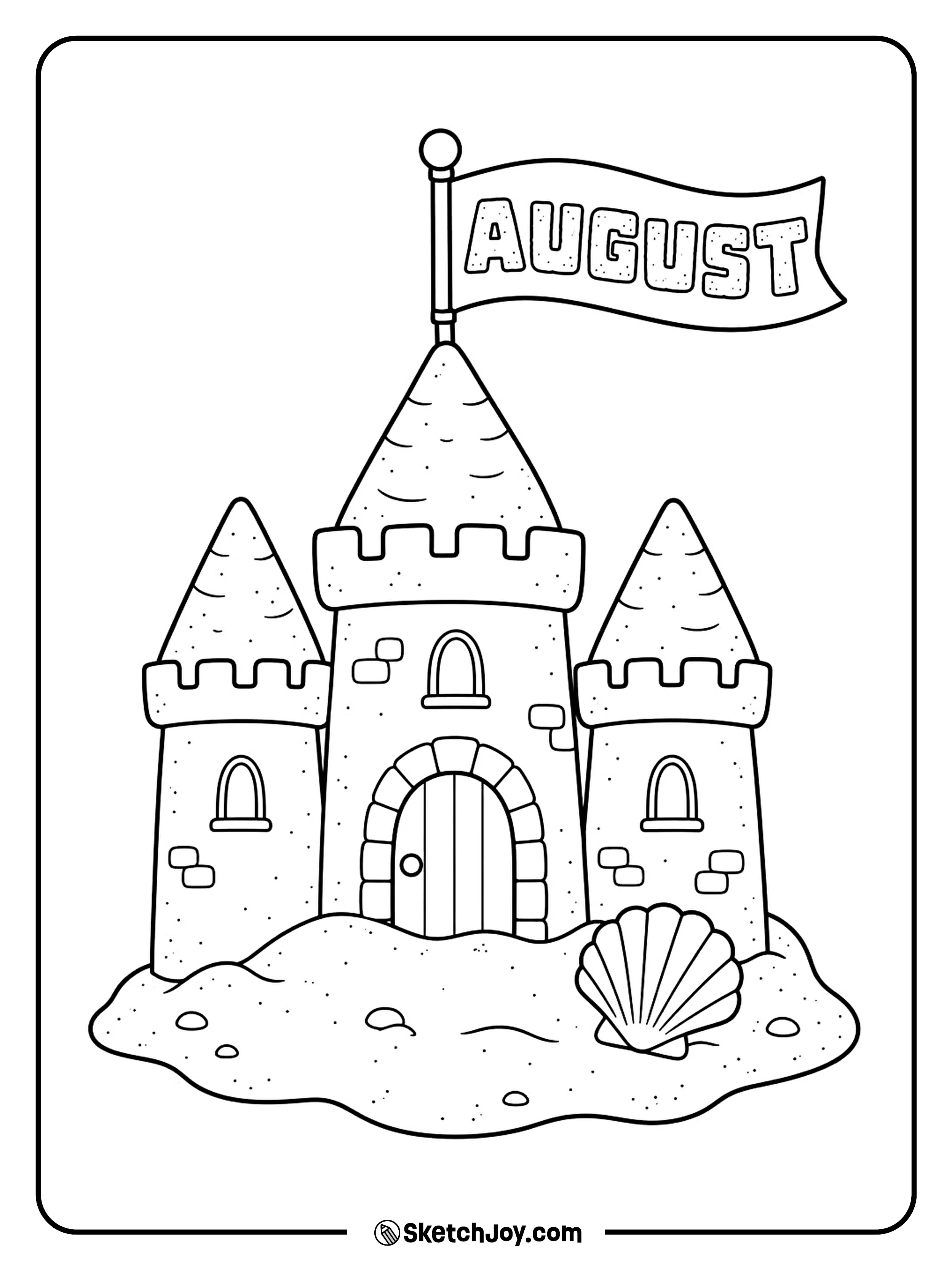 A tall sandcastle carries a flag marked August.