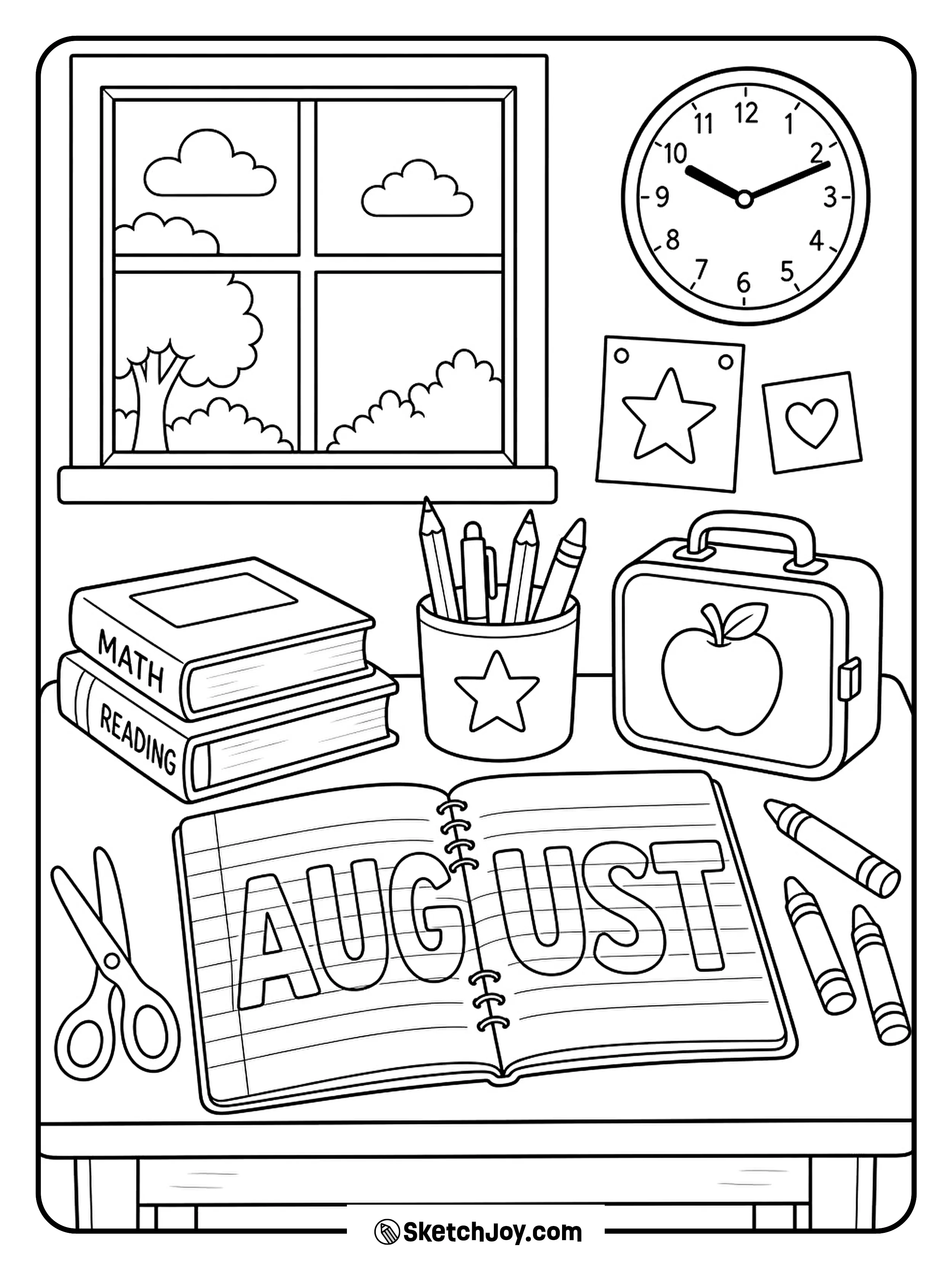 A tidy desk holds pencils, books, and a lunch box.
