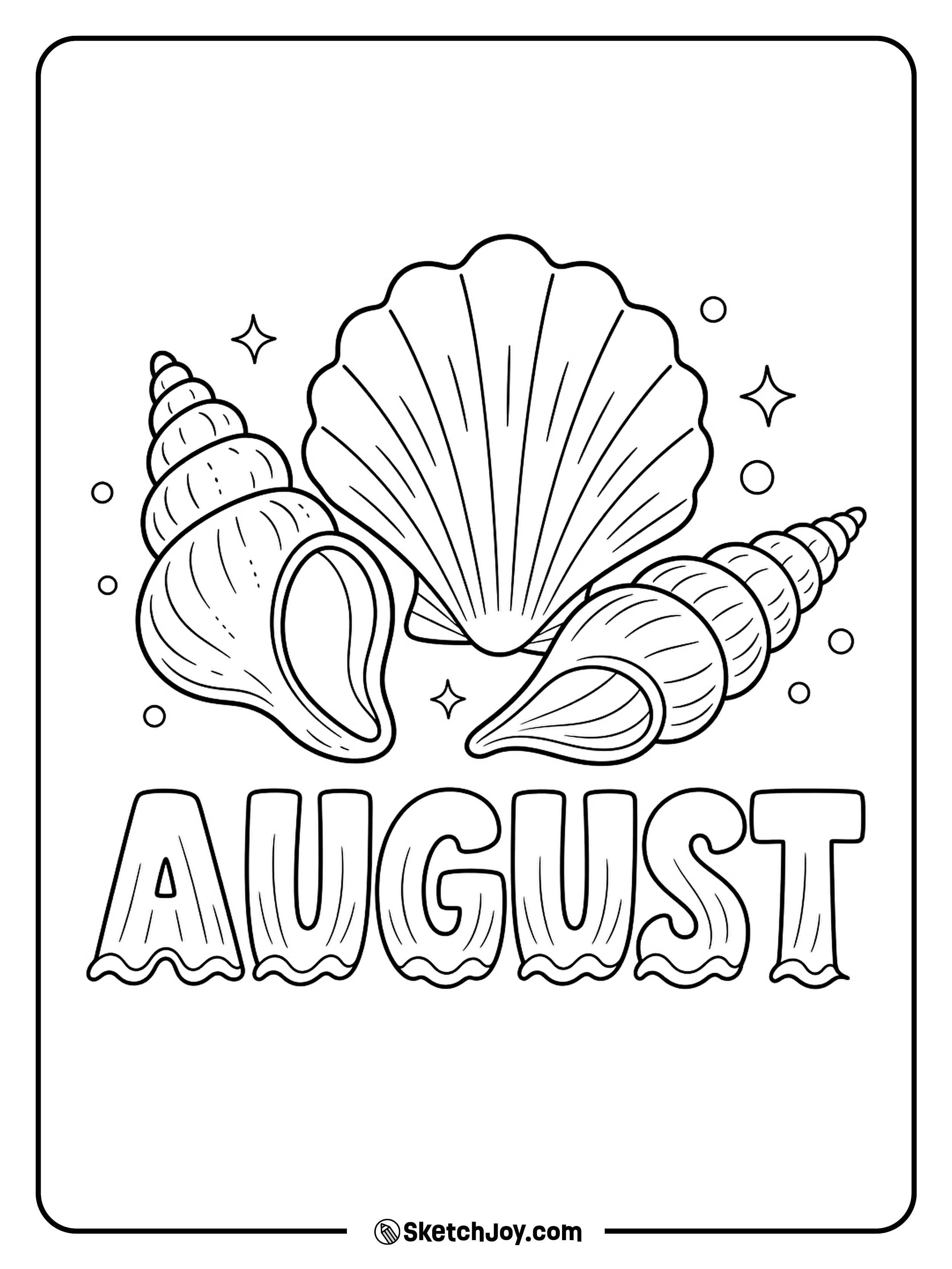 Three seashells sit under wave-cut August letters.