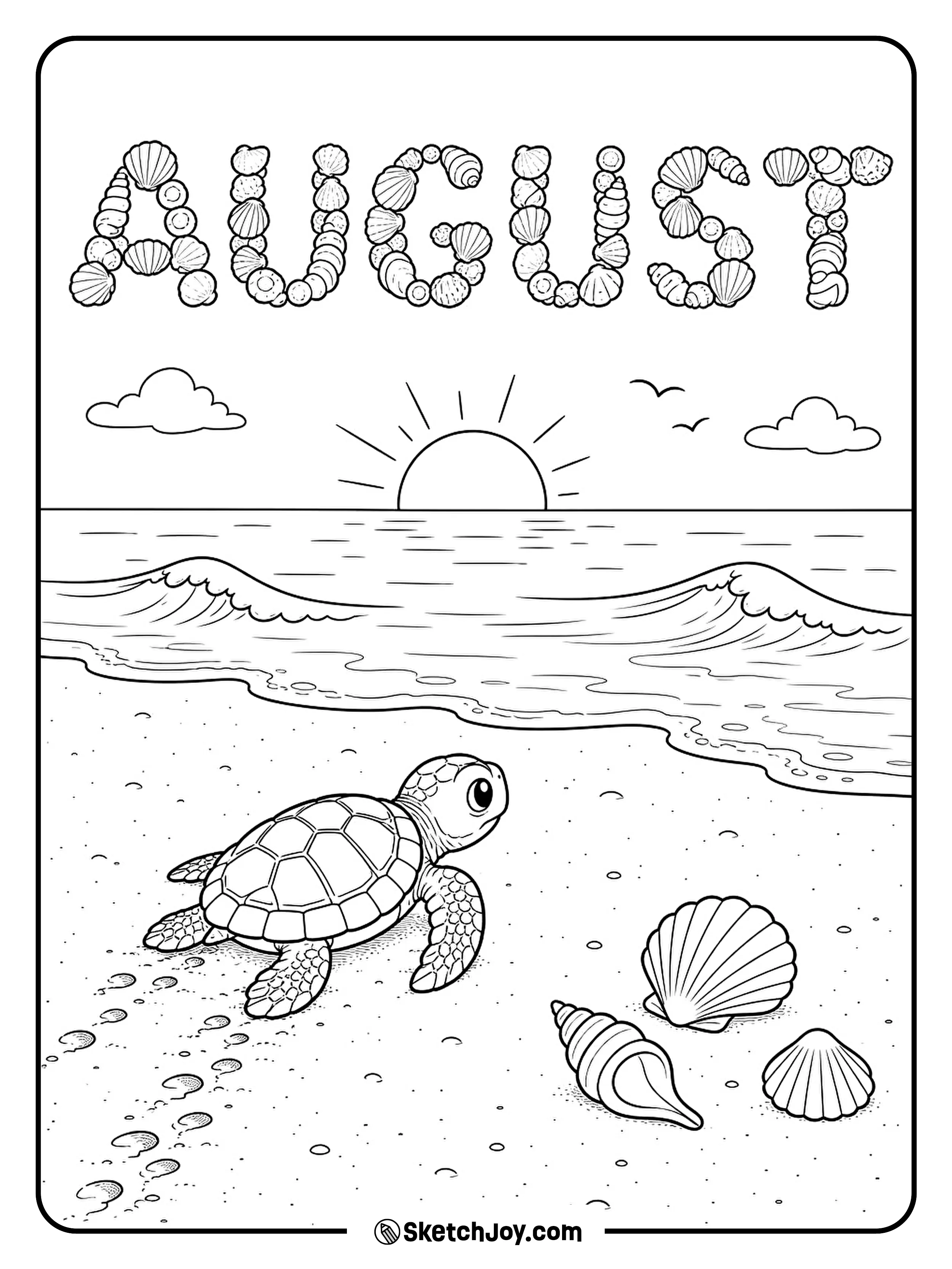 A sea turtle crawls toward the water beside small shells.
