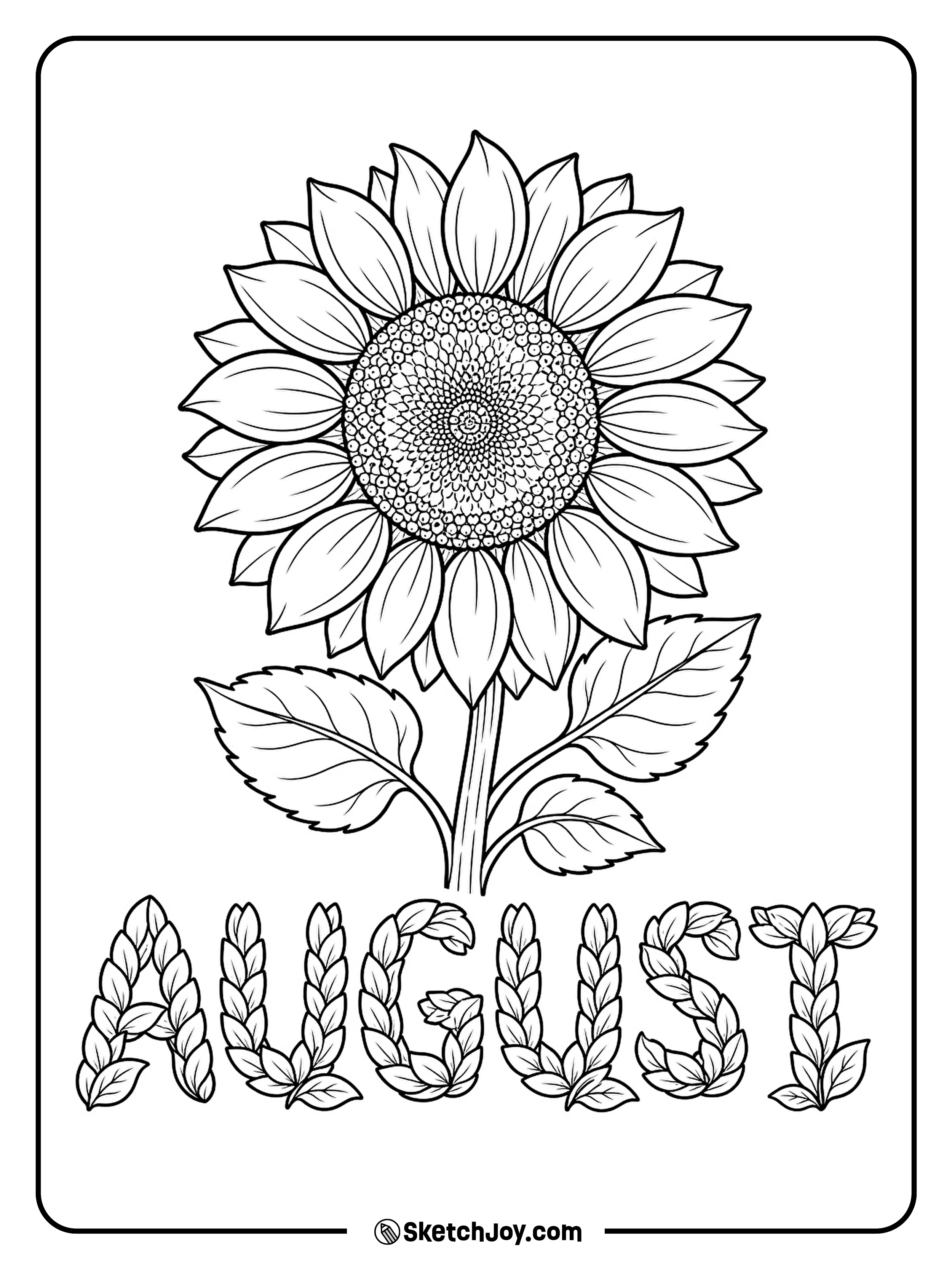 A tall sunflower wraps around bold August letters.