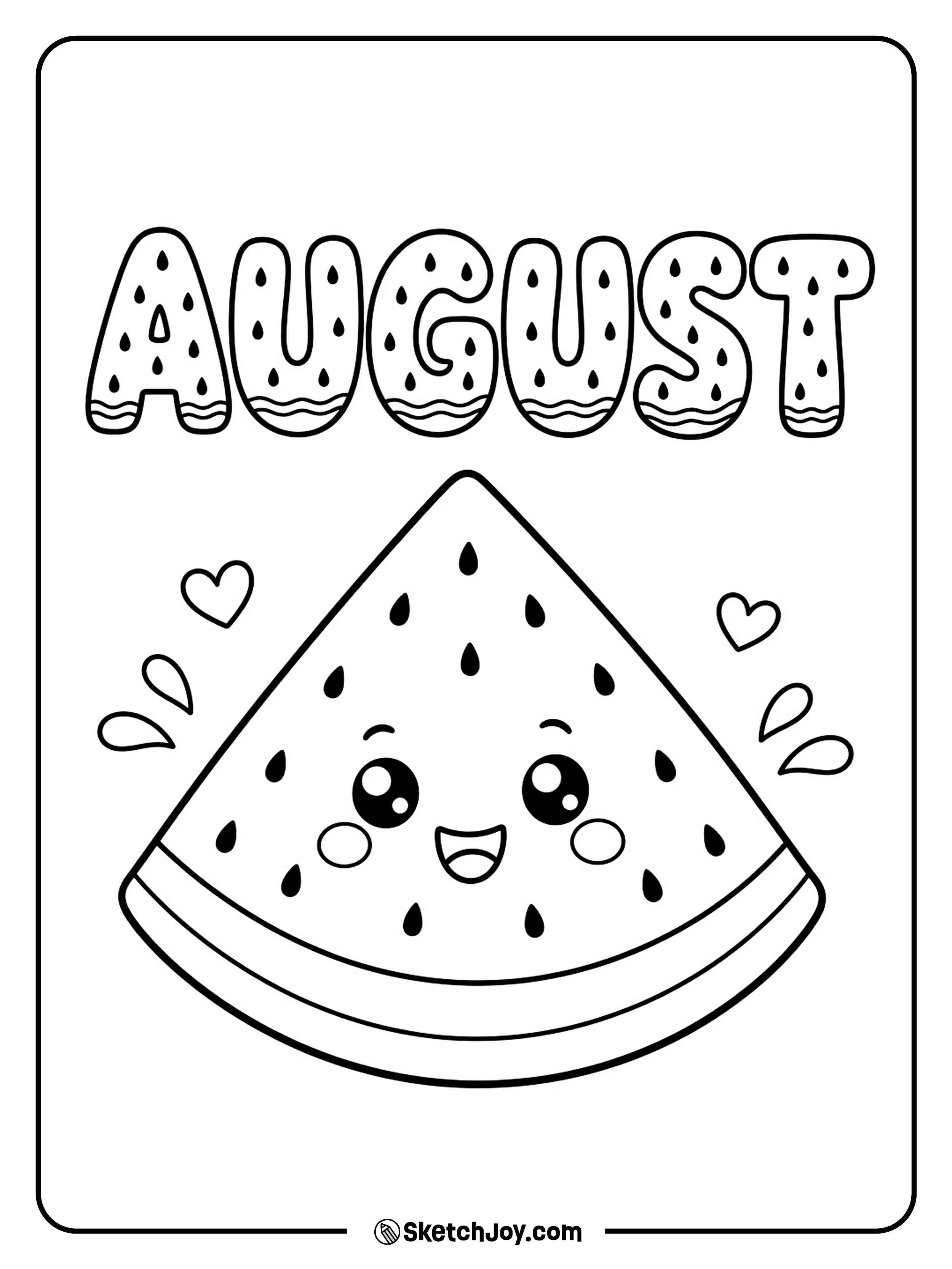 A happy watermelon slice sits under seed-filled August letters.