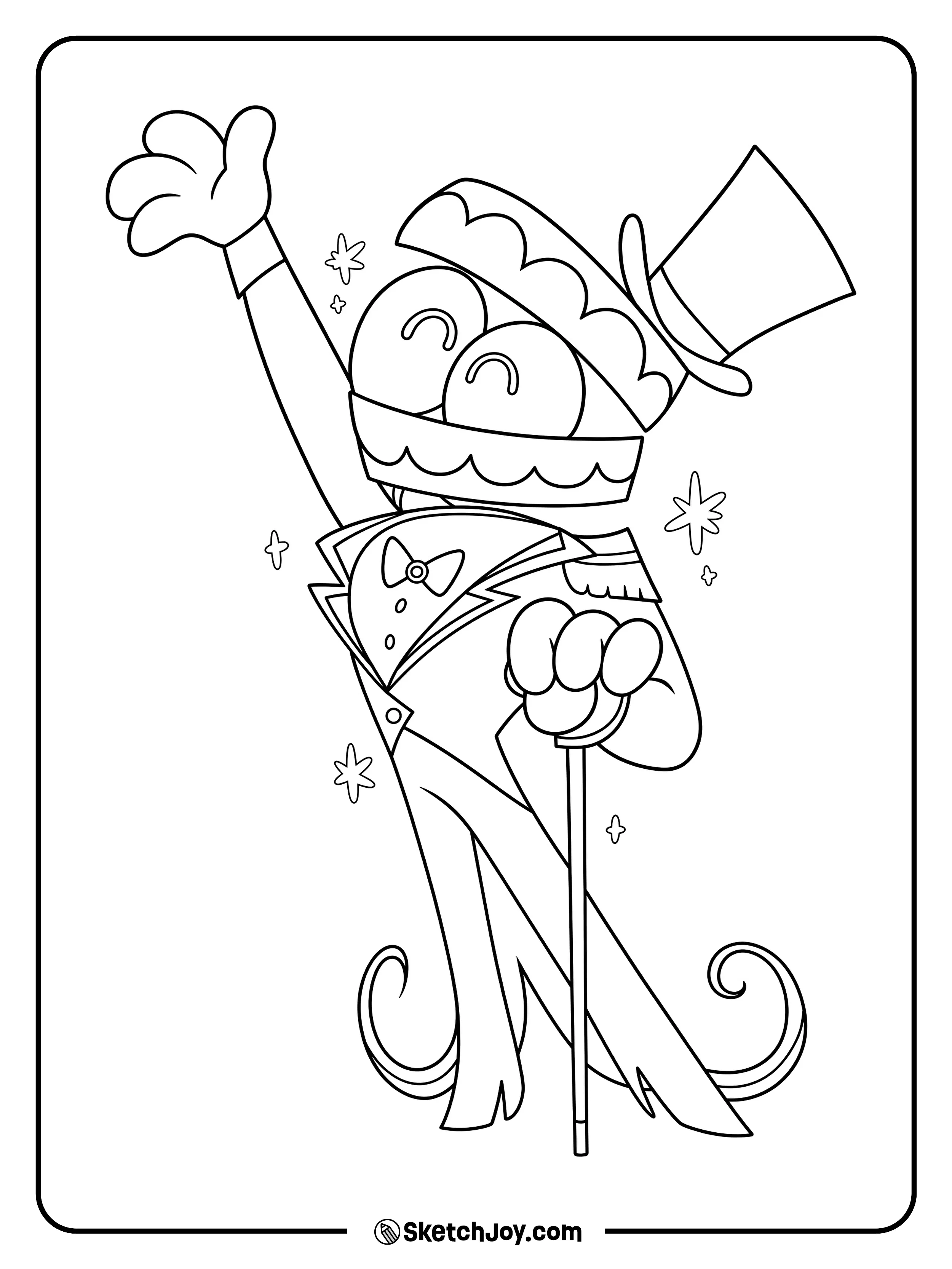 Caine raises one hand while holding his cane and wearing a tall hat.