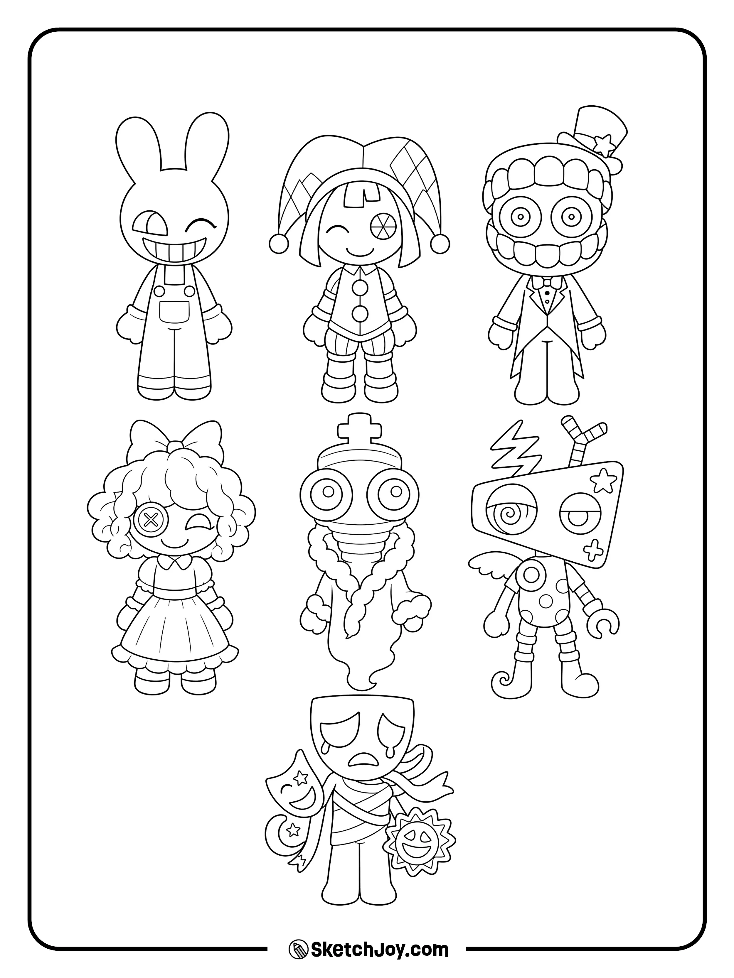 Jax, Pomni, Caine, Ragatha, Kinger, Zooble, and Gangle pose in a cute style.