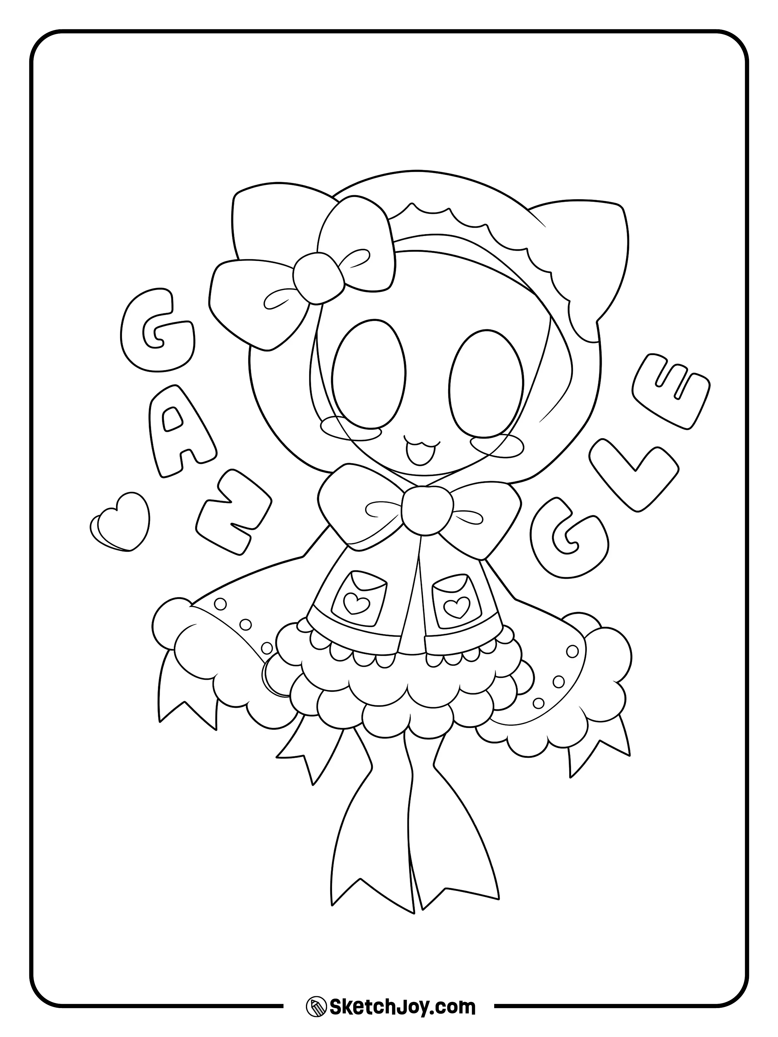 Gangle smiles in a frilly dress with bows, hearts, and her name around her.