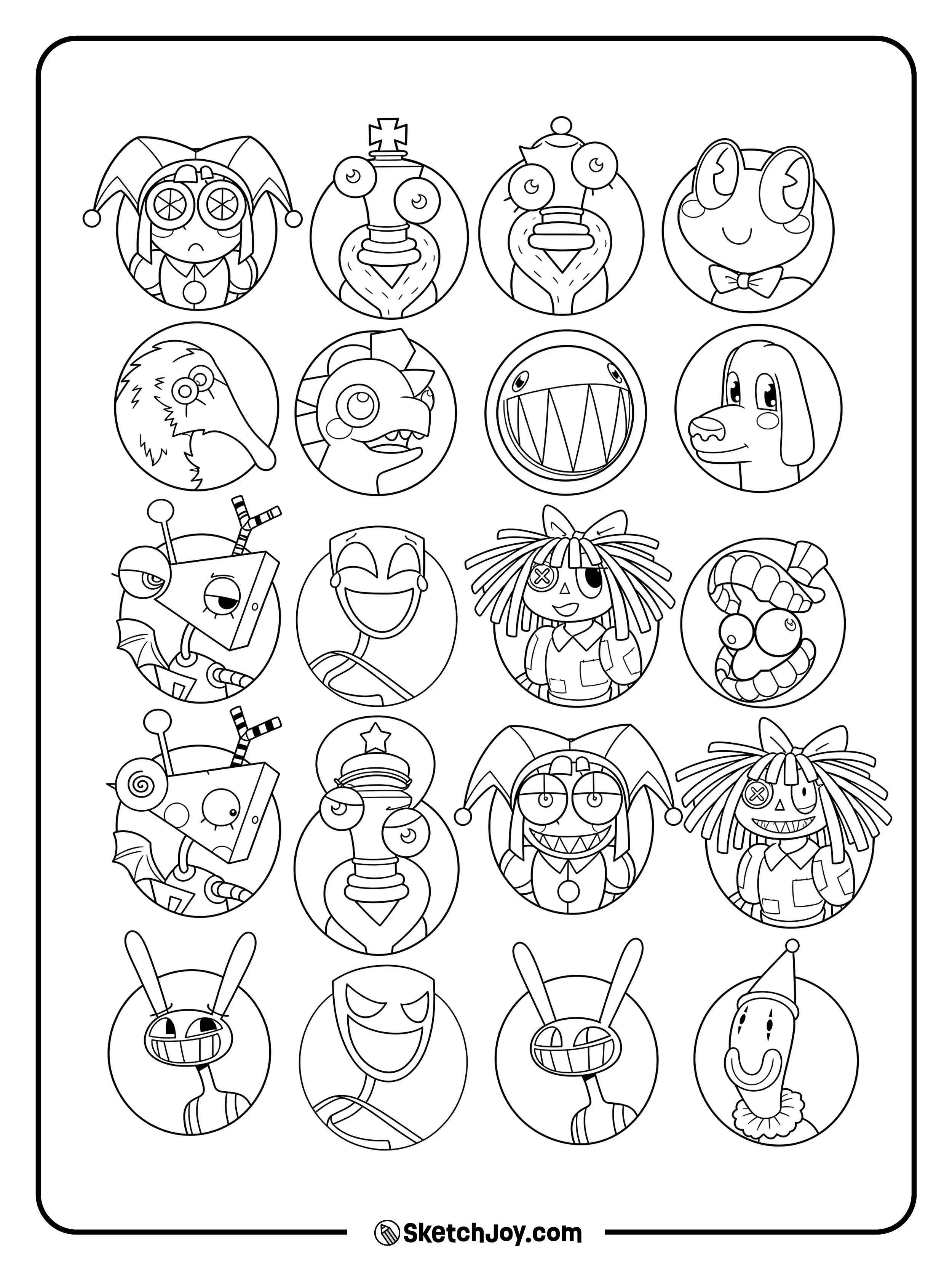 A set of round portraits shows many funny and strange circus faces.