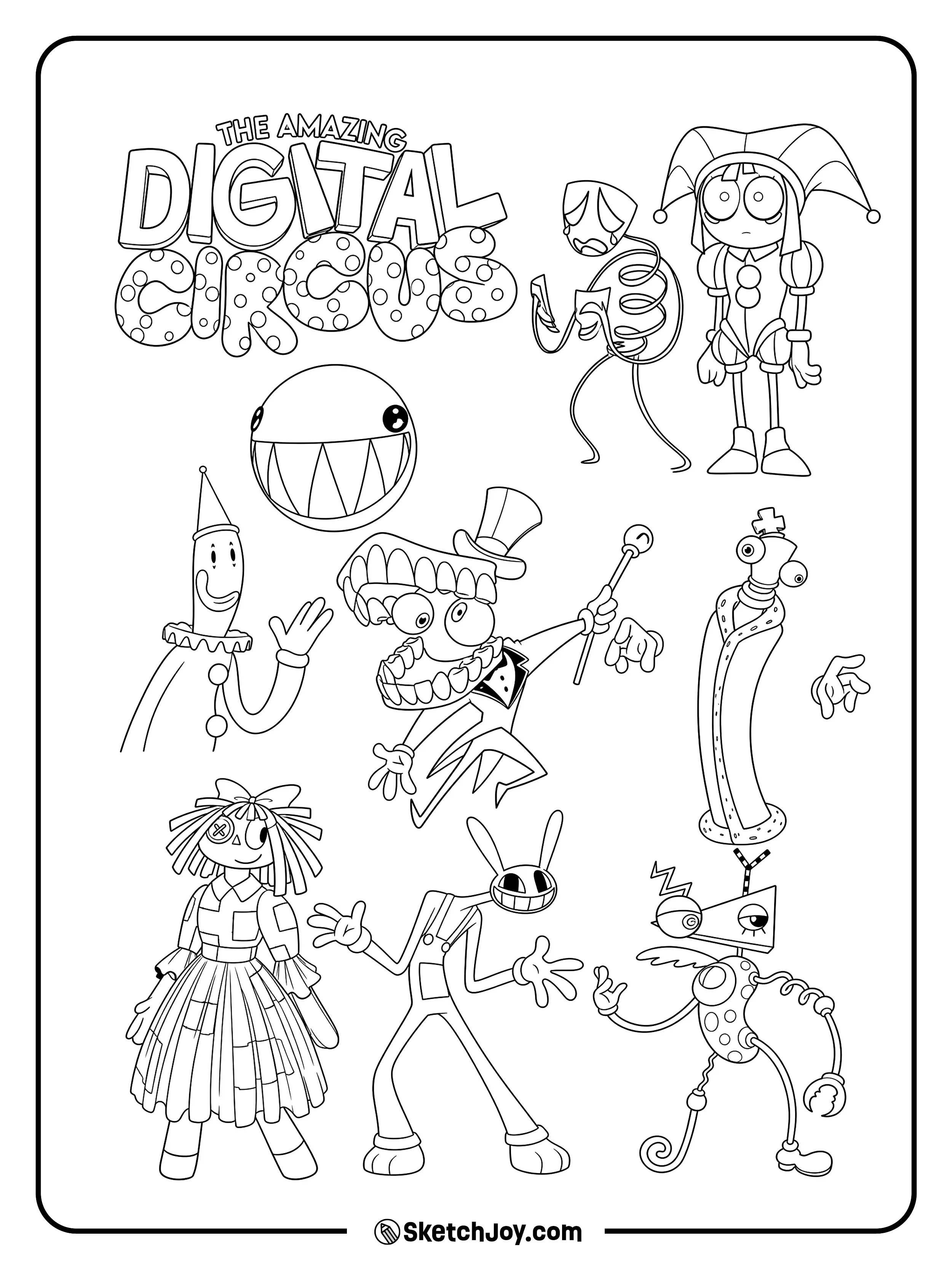 The main circus characters show their unique shapes, outfits, and smiles.