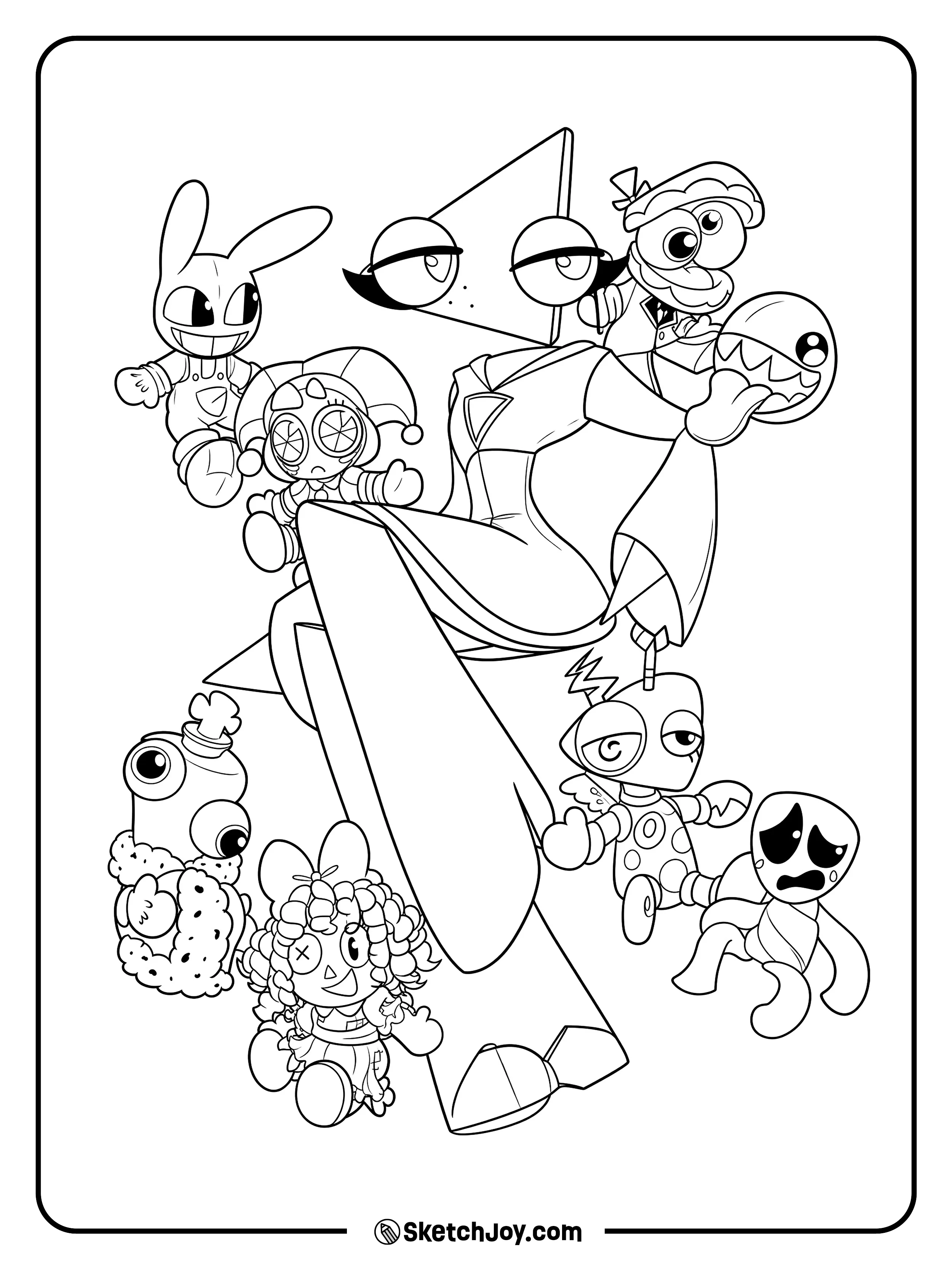 A group of strange circus characters gathers around a tall figure.
