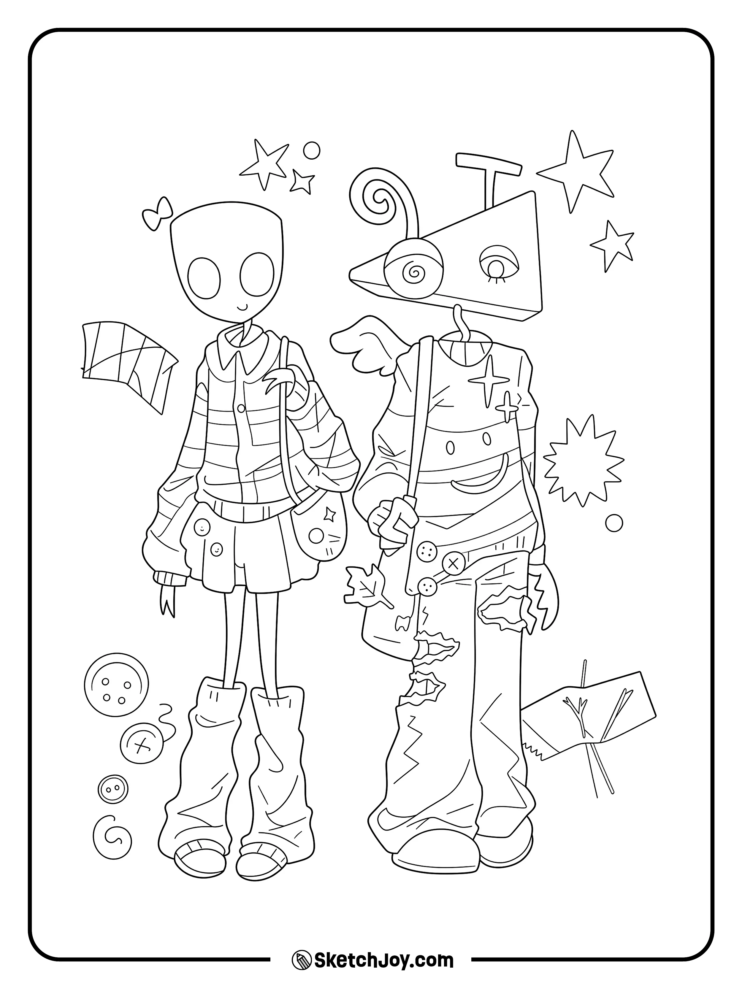Gangle and Zooble pose together in fun clothes with stars and sewing items around them.