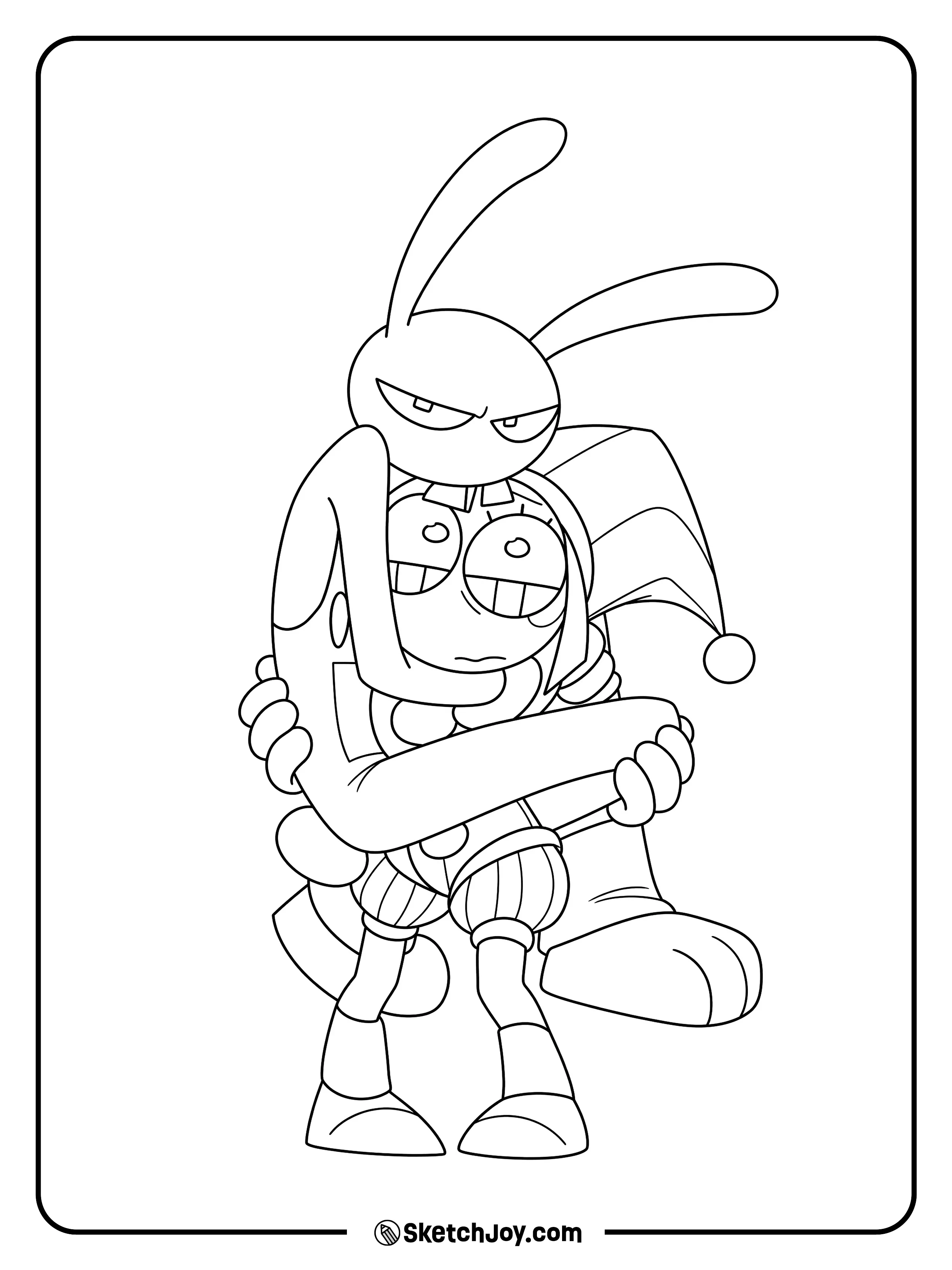 Jax wraps his arms around Pomni while she looks tired and annoyed.