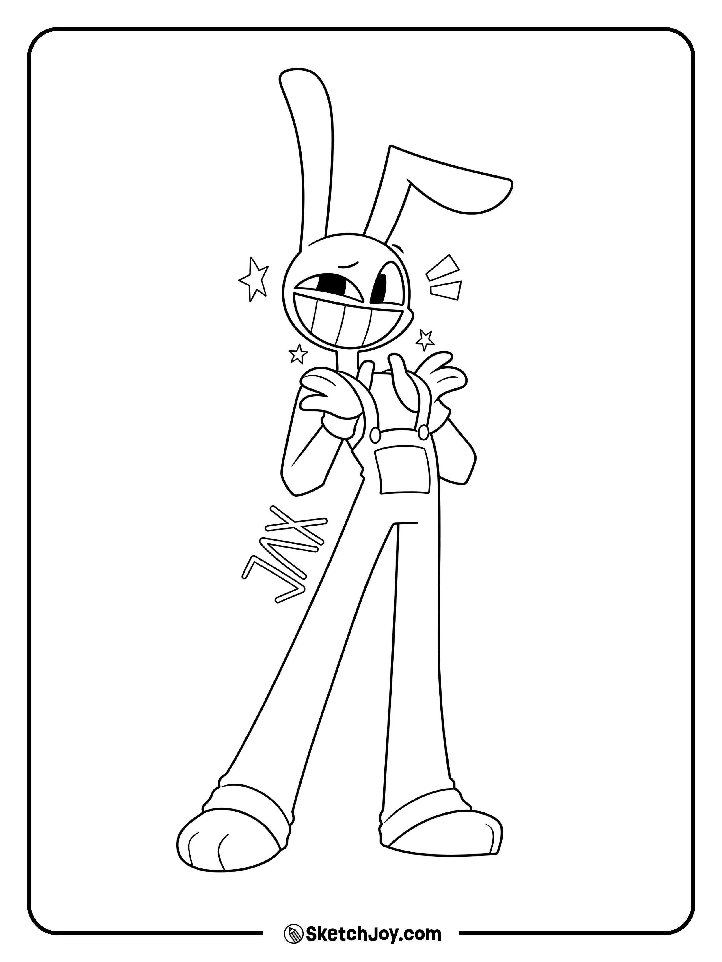 Jax stands tall with a playful grin and small stars around him.