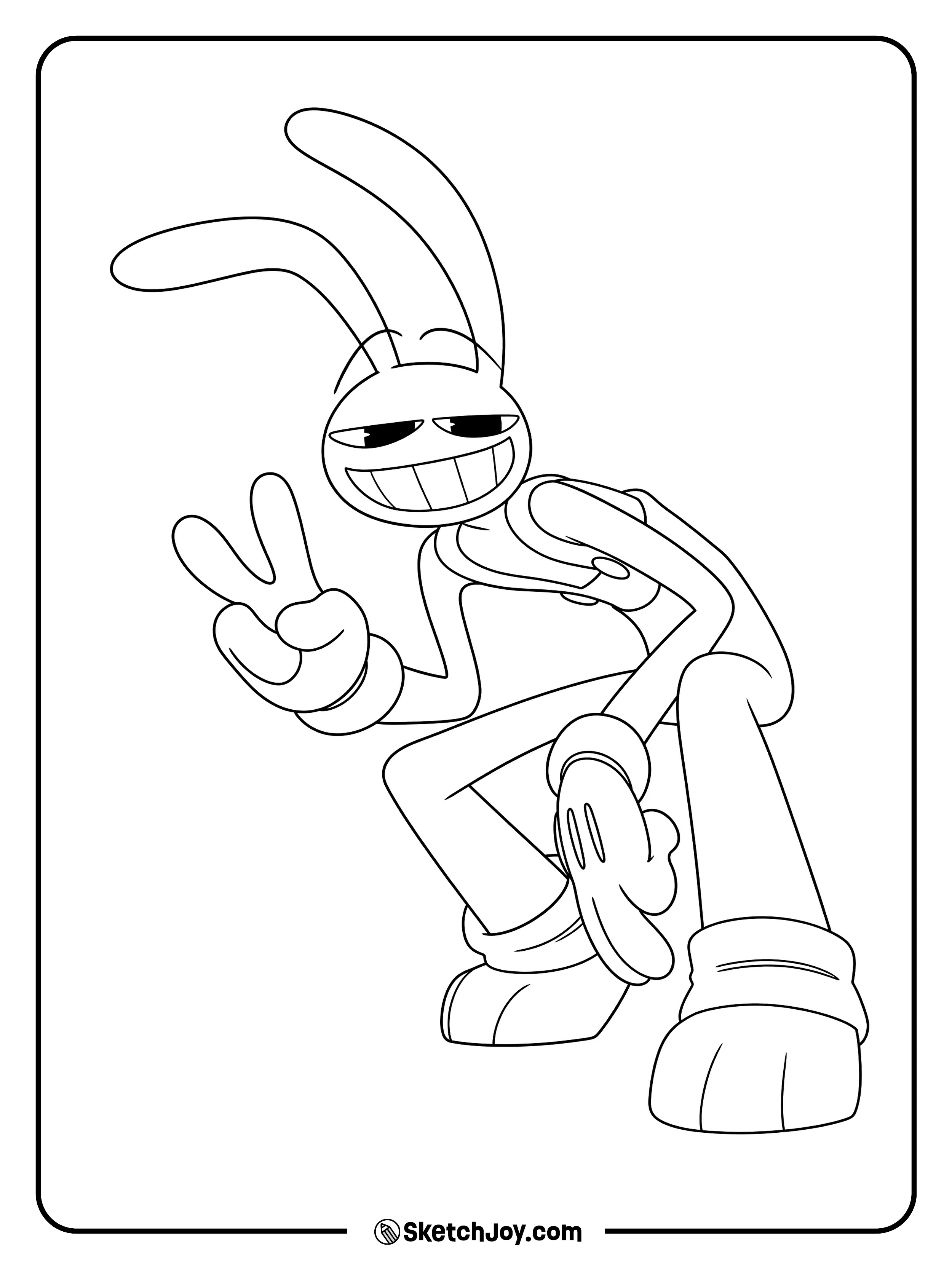 Jax crouches with a wide grin and holds up a peace sign.