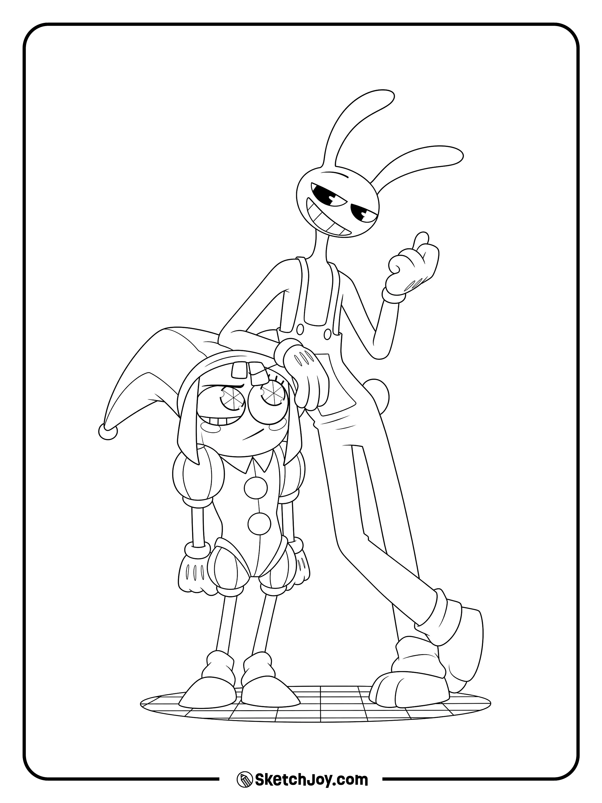 Jax rests his hand on Pomni’s head while giving a smug smile.