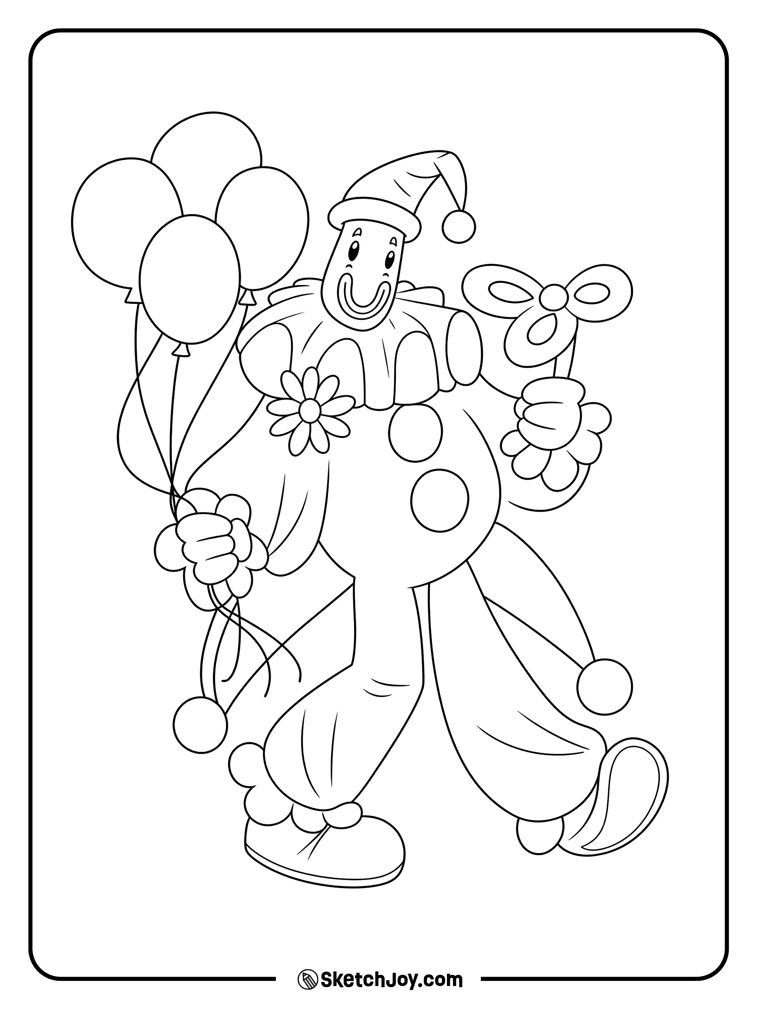 Kaufmo smiles while holding a bunch of balloons and a large flower.